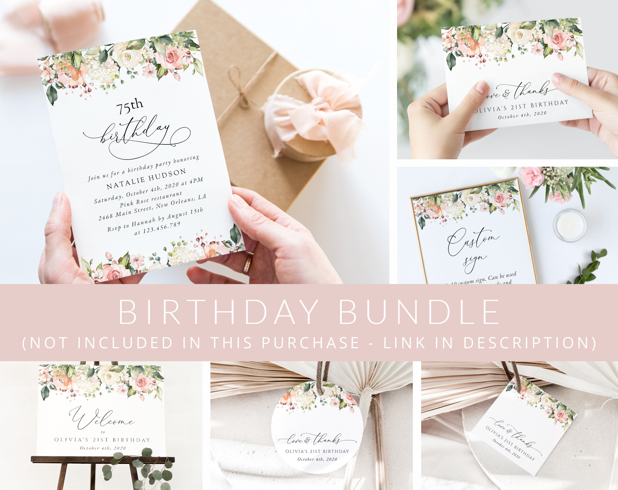 Pink, Orange and White Flowers Birthday Mini Bundle, Girl Birthday, Any Birthday, Printable File, Edit Yourself, SH118