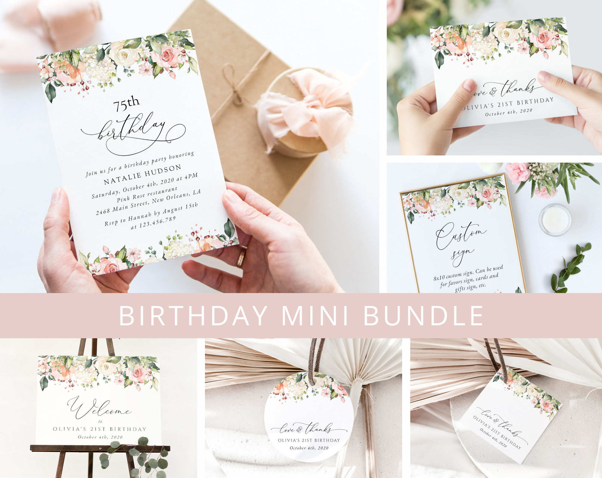 Pink, Orange and White Flowers Birthday Mini Bundle, Girl Birthday, Any Birthday, Printable File, Edit Yourself, SH118 Pink, Orange and White Flowers Birthday Mini Bundle, Girl Birthday, Any Birthday, Printable File, Edit Yourself, SH118