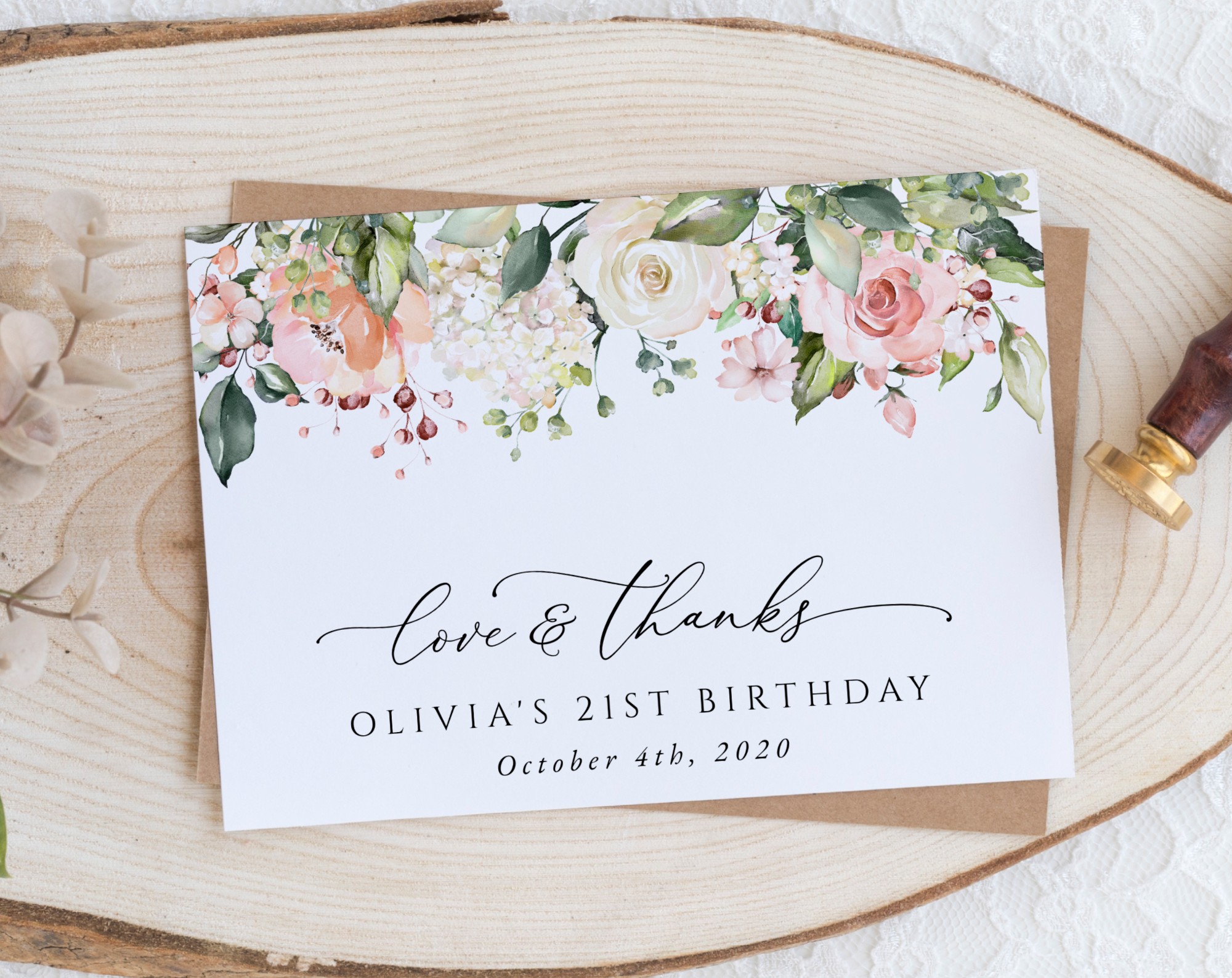 Pink, Orange and White Flowers Thank You Card, Girl Birthday, Printable File, Edit Yourself, SH118