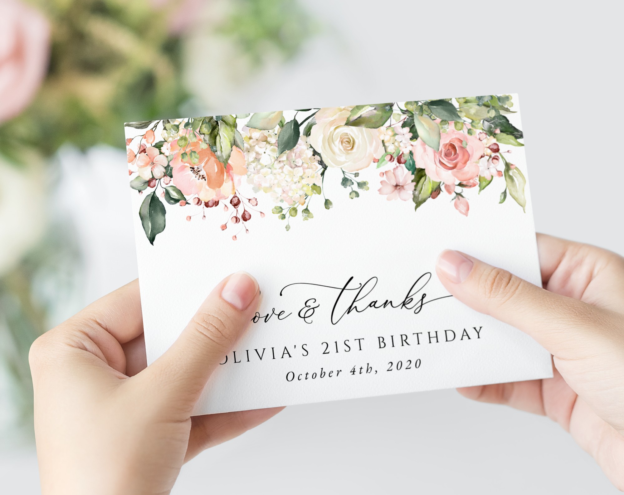 Pink, Orange and White Flowers Thank You Card, Girl Birthday, Printable File, Edit Yourself, SH118