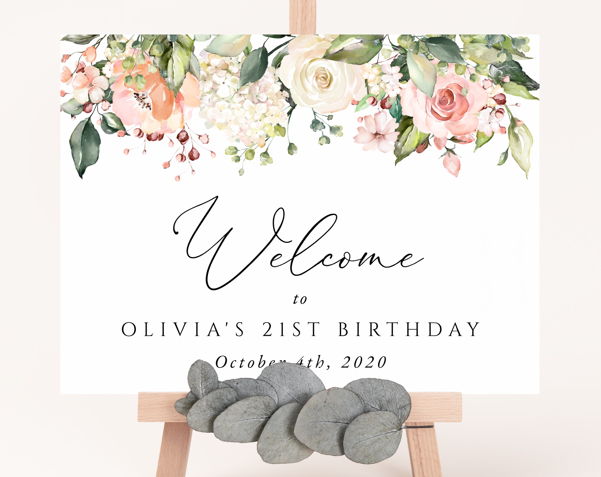 Pink, Orange and White Flowers Welcome Sign, Birthday Sign, Girl Birthday, Printable File, Edit Yourself, SH118