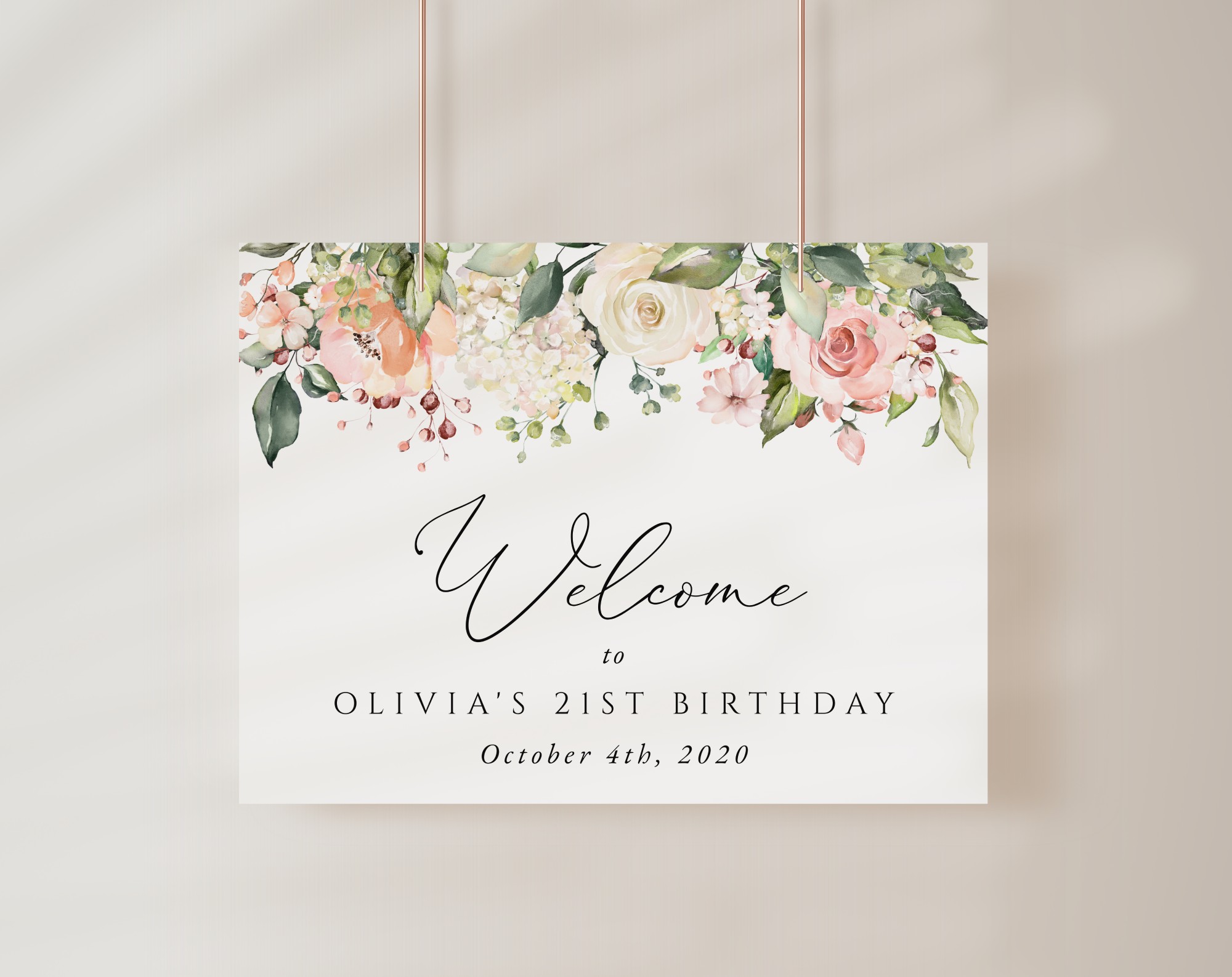Pink, Orange and White Flowers Welcome Sign, Birthday Sign, Girl Birthday, Printable File, Edit Yourself, SH118