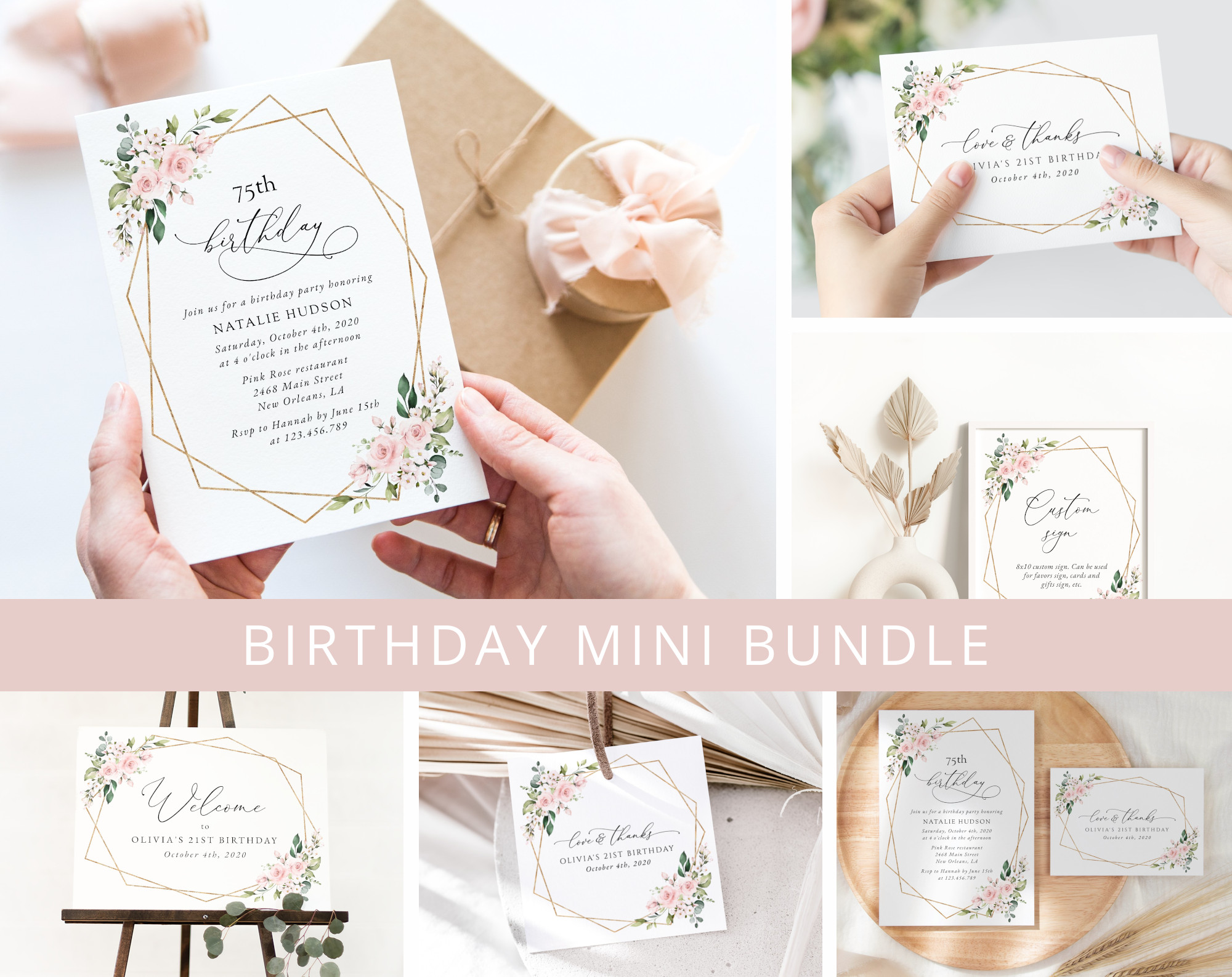 Pink Flowers Birthday Mini Bundle, Girl Birthday, Any Birthday, Printable File, Edit Yourself, SH119 Pink Flowers Birthday Mini Bundle, Girl Birthday, Any Birthday, Printable File, Edit Yourself, SH119