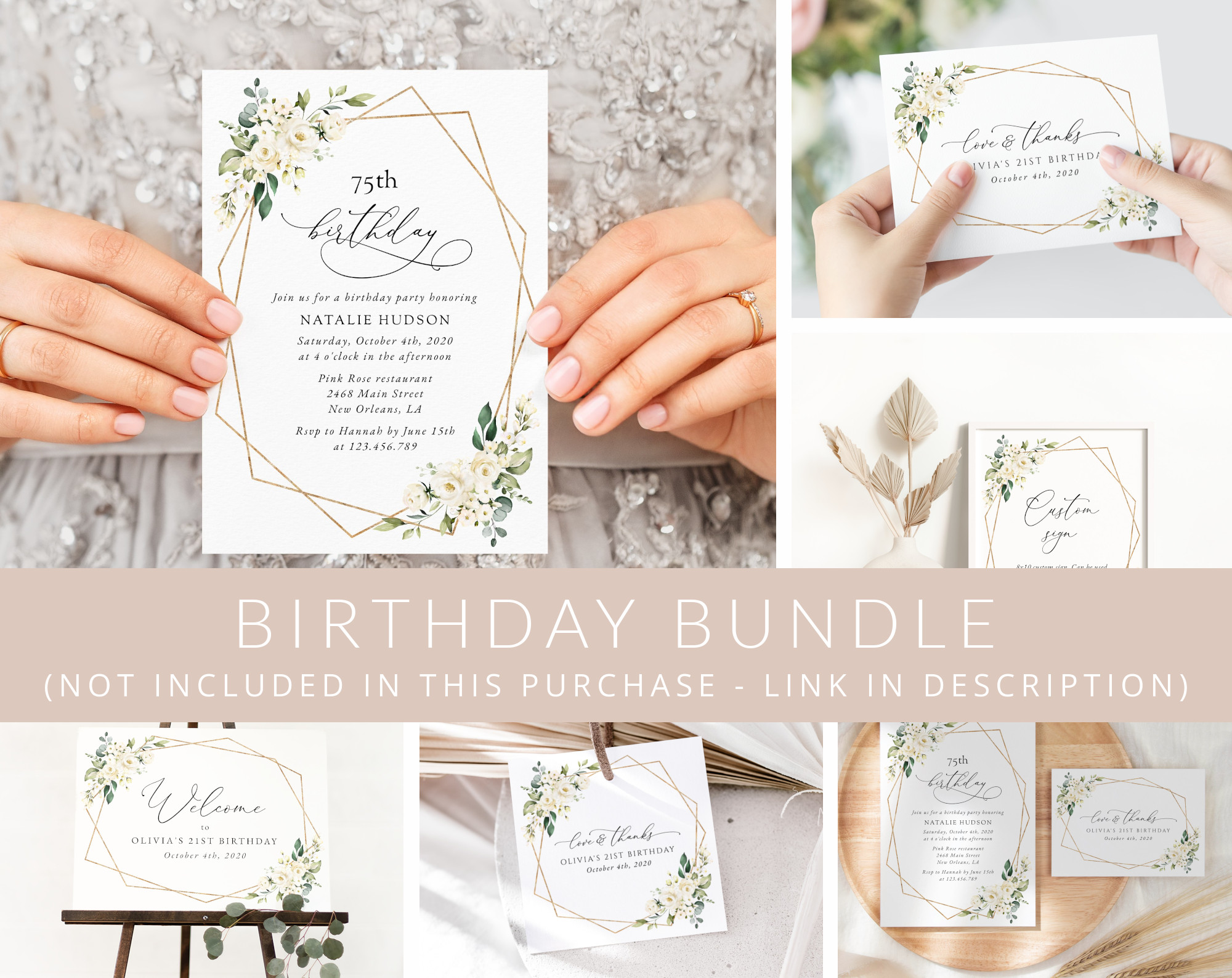 White Flowers Birthday Mini Bundle, Girl Birthday, Any Birthday, Printable File, Edit Yourself, SH120