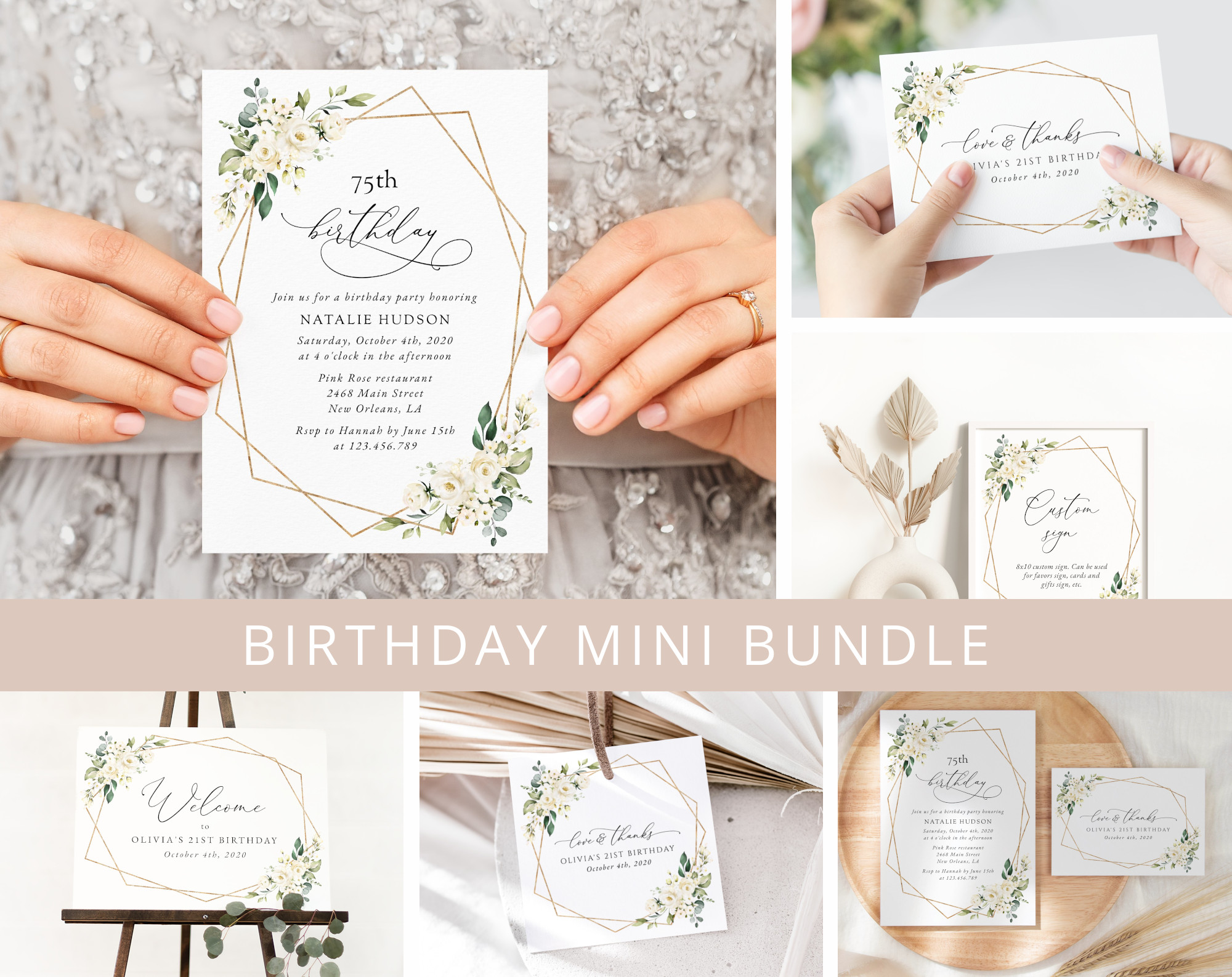 White Flowers Birthday Mini Bundle, Girl Birthday, Any Birthday, Printable File, Edit Yourself, SH120
