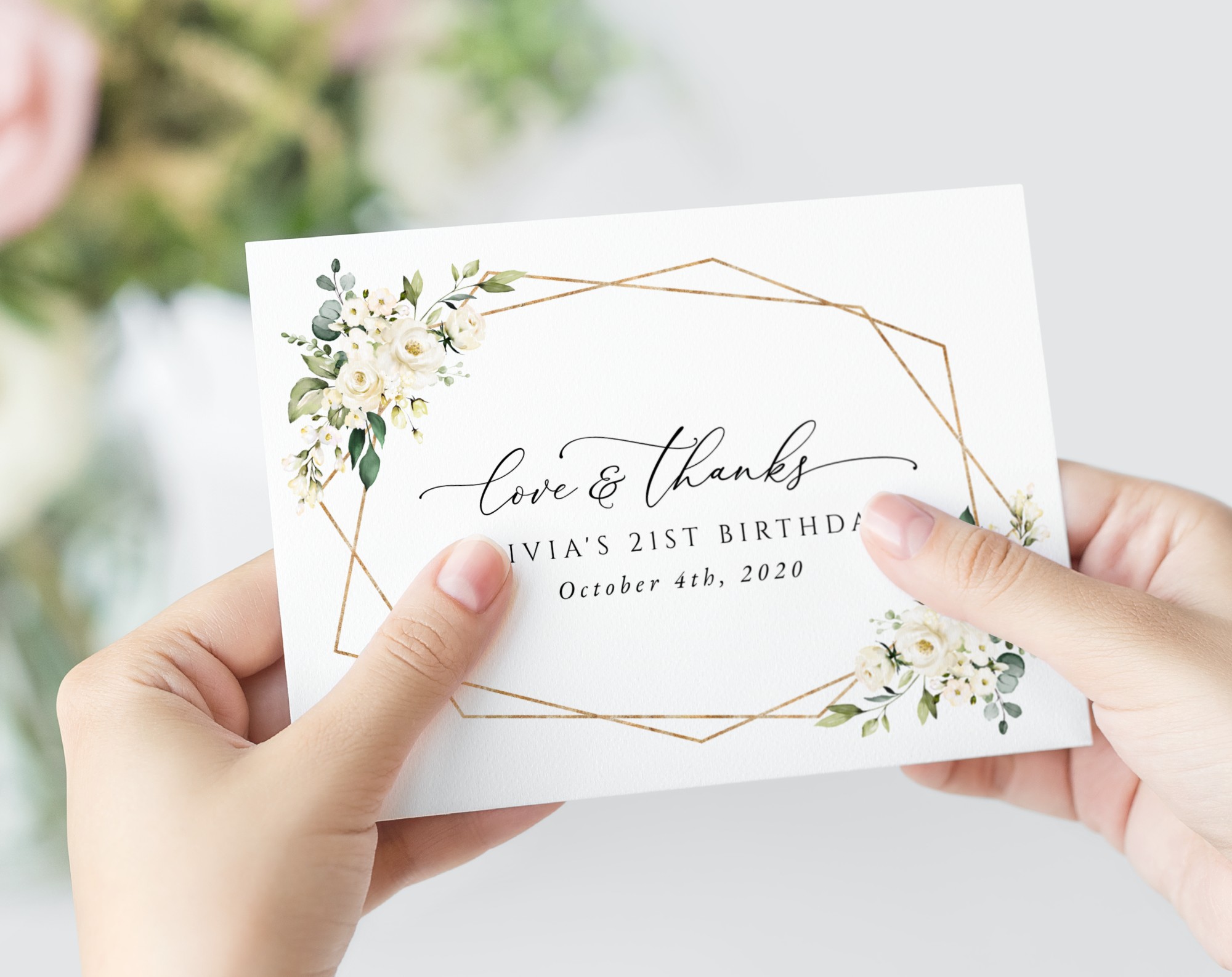 White Flowers Thank You Card, Girl Birthday, Any Birthday, Printable File, Edit Yourself, SH120