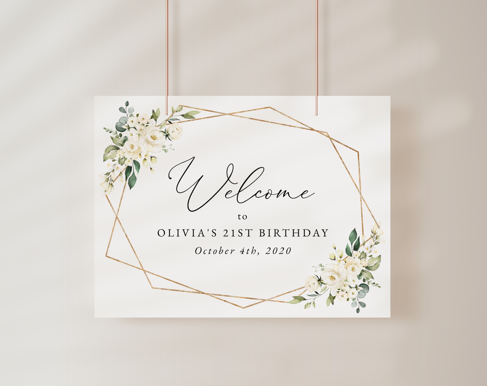 White Flowers Welcome Sign, Birthday Sign, Girl Birthday, Printable File, Edit Yourself, SH120