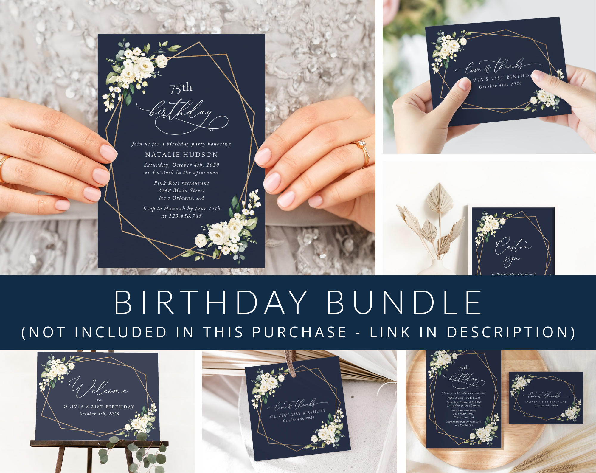 Navy and White Flowers Birthday Mini Bundle, Girl Birthday, Any Birthday, Printable File, Edit Yourself, SH121