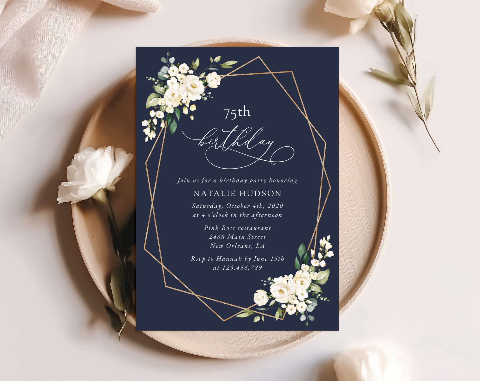 Navy and White Flowers Birthday Invitation, Girl Birthday, Any Birthday, Printable File, Edit Yourself, SH121