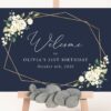 Navy and White Flowers Welcome Sign, Birthday Sign, Girl Birthday, Printable File, Edit Yourself, SH121