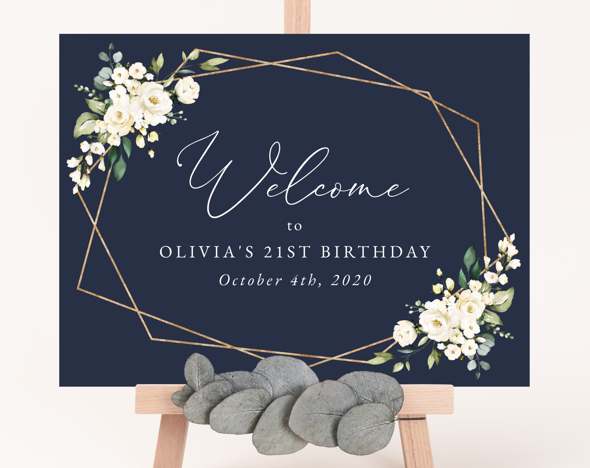 Navy and White Flowers Welcome Sign, Birthday Sign, Girl Birthday, Printable File, Edit Yourself, SH121