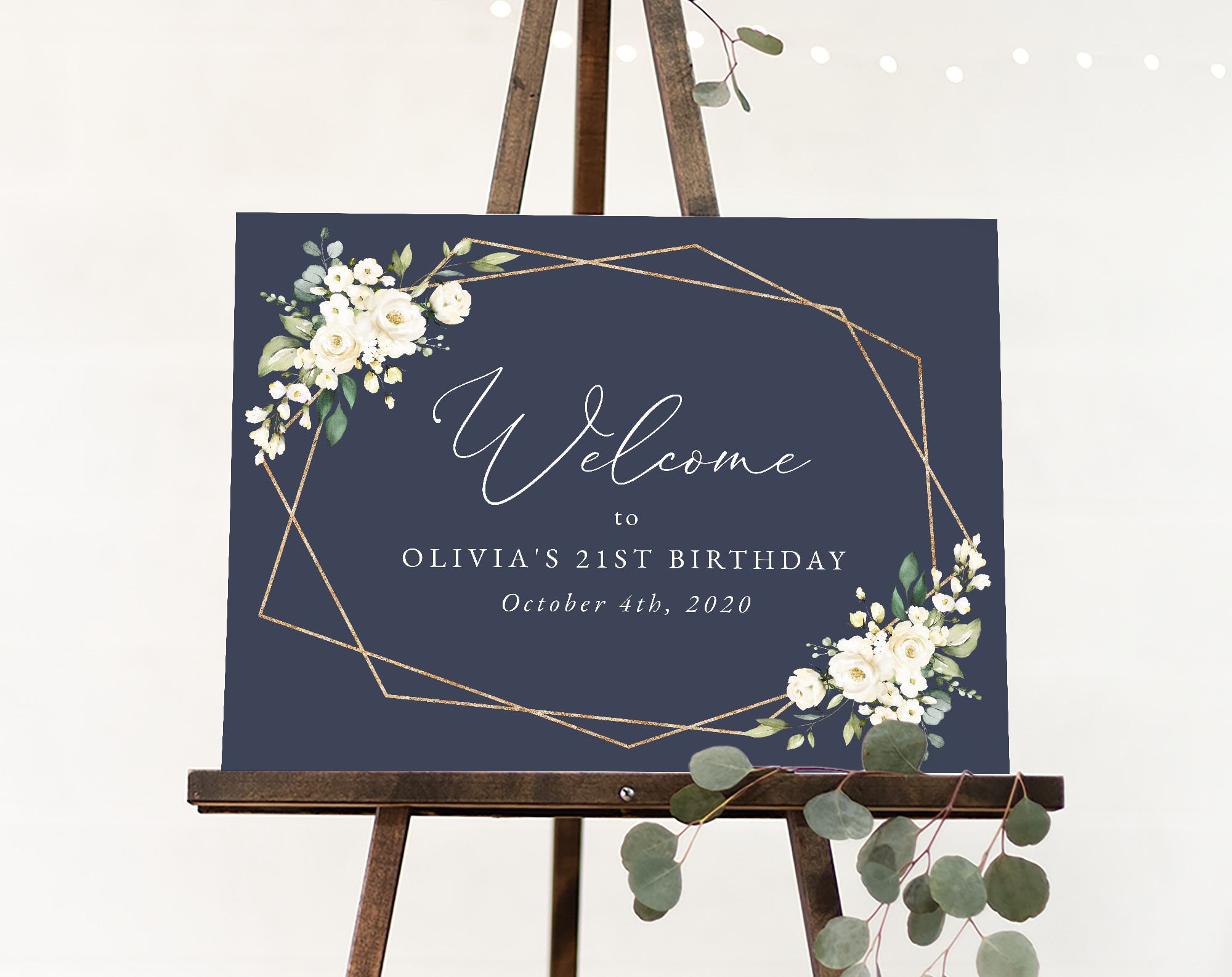 Navy and White Flowers Welcome Sign, Birthday Sign, Girl Birthday, Printable File, Edit Yourself, SH121