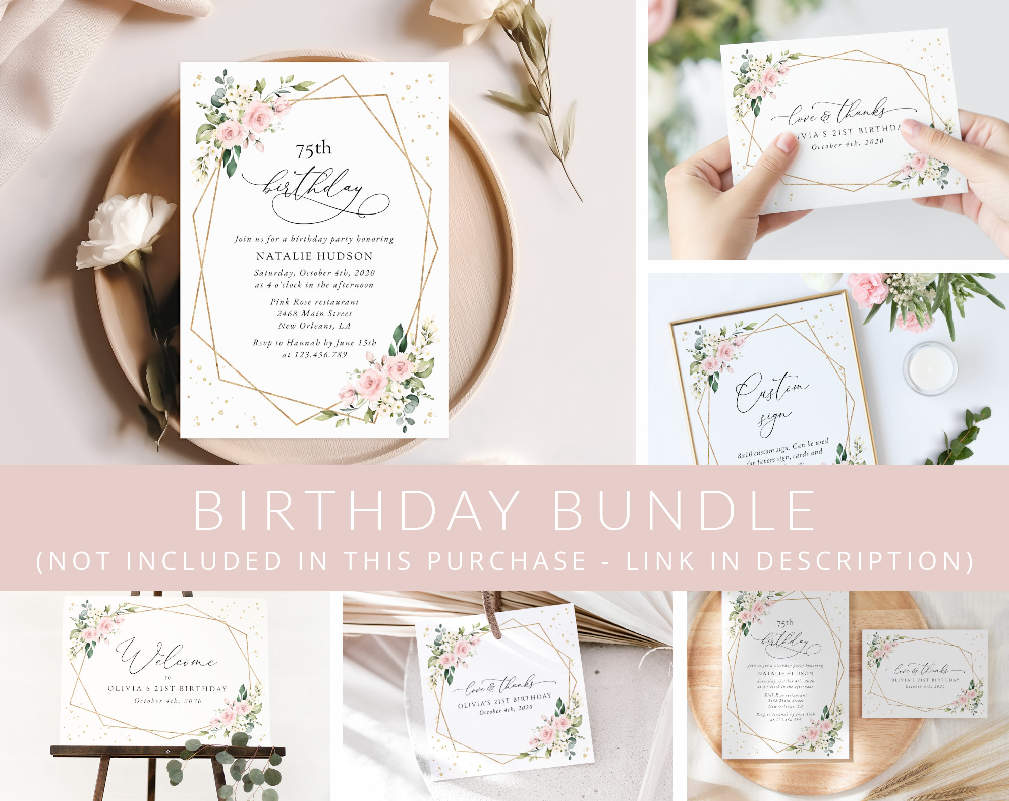 Pink Flowers and Gold Confetti Birthday Mini Bundle, Girl Birthday, Any Birthday, Printable File, Edit Yourself, SH122