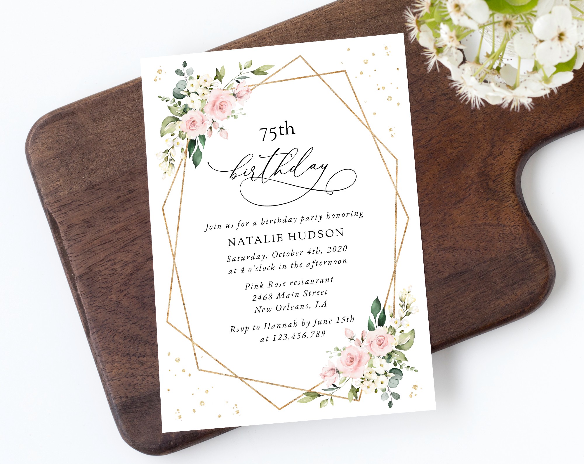 Pink Flowers and Gold Confetti Birthday Invitation, Girl Birthday, Any Birthday, Printable File, Edit Yourself, SH122