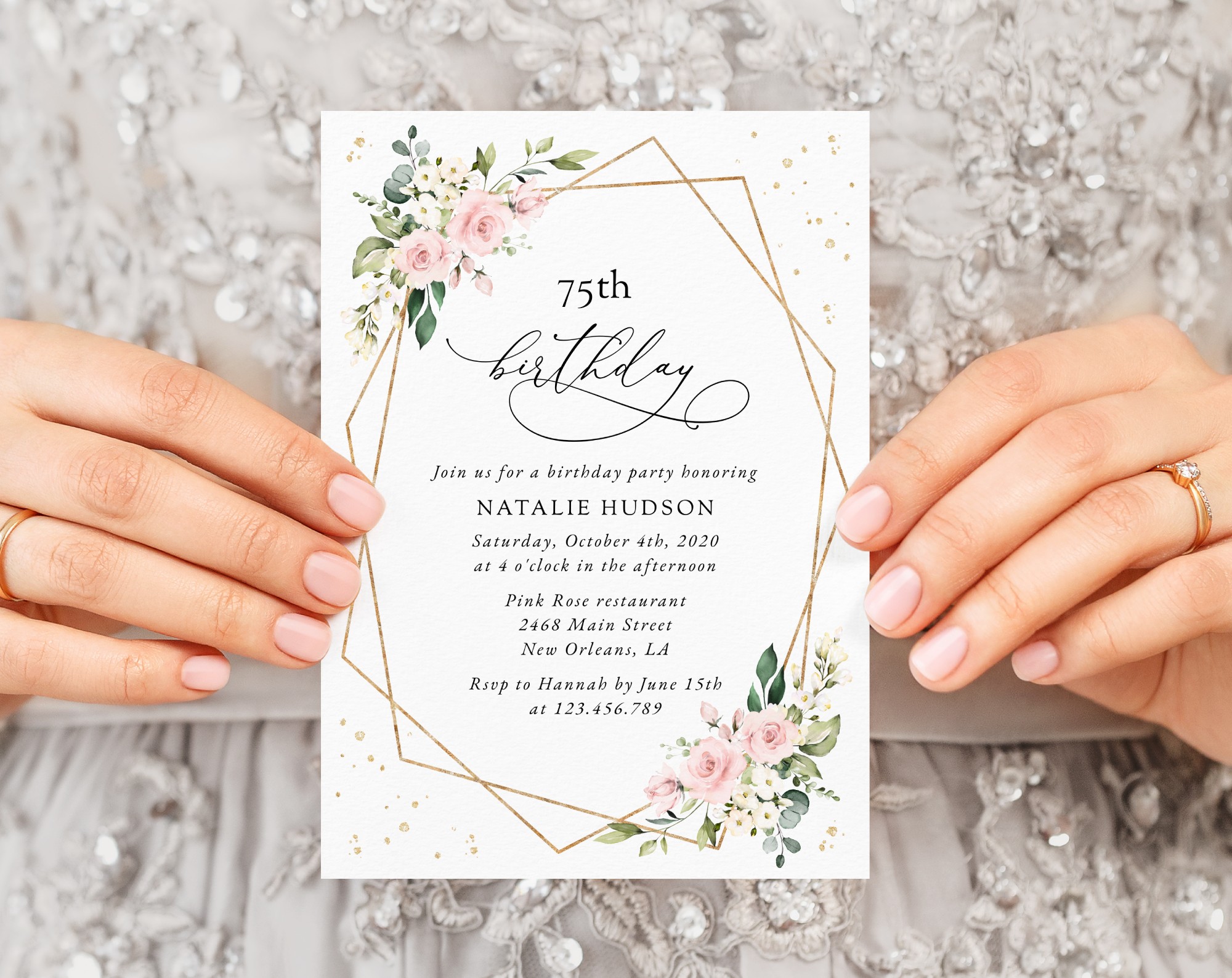 Pink Flowers and Gold Confetti Birthday Invitation, Girl Birthday, Any Birthday, Printable File, Edit Yourself, SH122