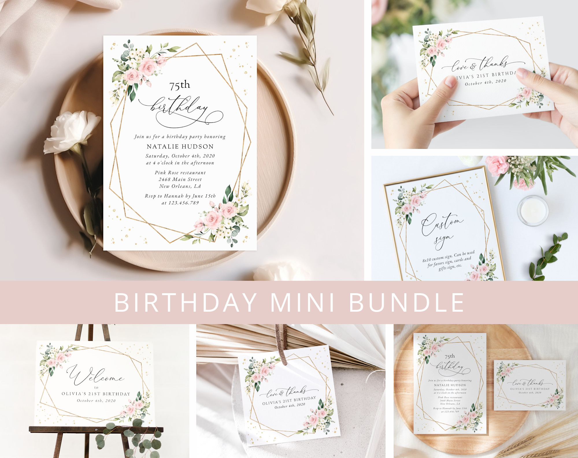 Pink Flowers and Gold Confetti Birthday Mini Bundle, Girl Birthday, Any Birthday, Printable File, Edit Yourself, SH122 Pink Flowers and Gold Confetti Birthday Mini Bundle, Girl Birthday, Any Birthday, Printable File, Edit Yourself, SH122