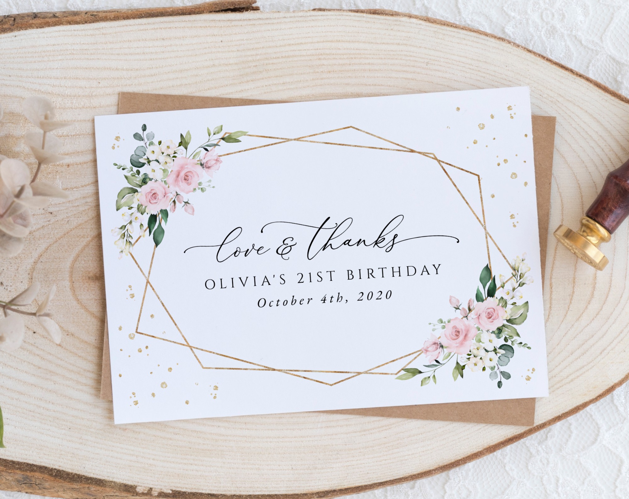 Pink Flowers and Gold Confetti Thank You Card, Girl Birthday, Any Birthday, Printable File, Edit Yourself, SH122 Pink Flowers and Gold Confetti Thank You Card, Girl Birthday, Any Birthday, Printable File, Edit Yourself, SH122