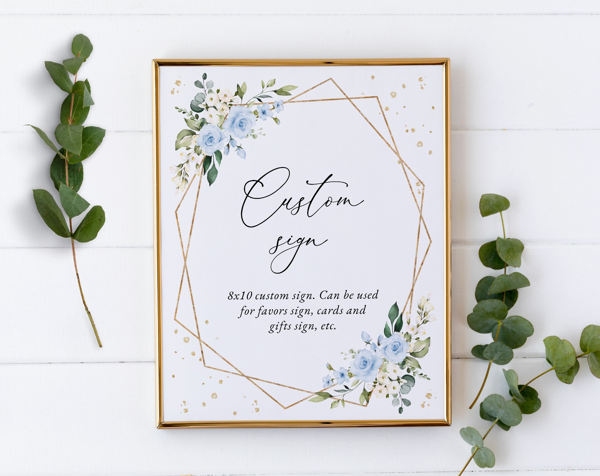 Blue Flowers and Gold Confetti Custom Sign, Printable File, Edit Yourself, SH123