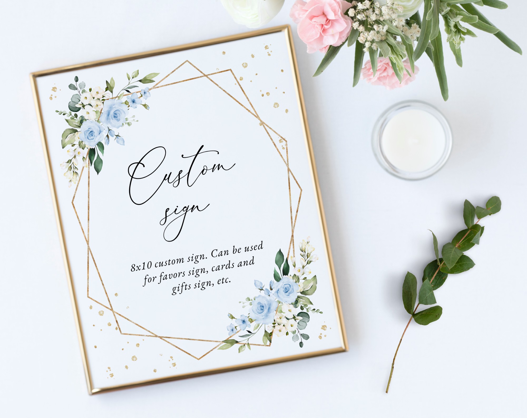 Blue Flowers and Gold Confetti Custom Sign, Printable File, Edit Yourself, SH123 SH136 SH176