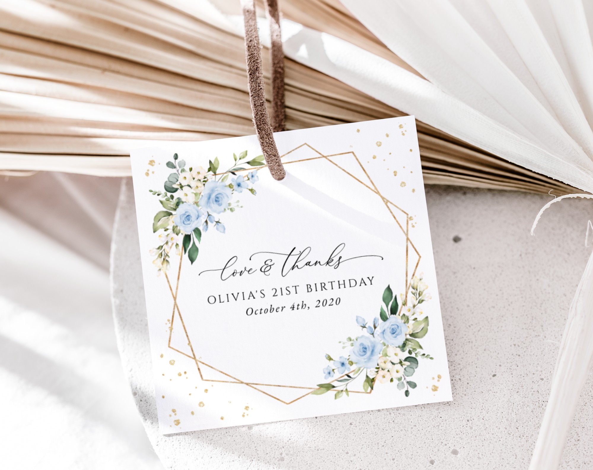 Blue Flowers and Gold Confetti Favor Tags, Gift Tags, Girl Birthday, Printable File, Edit Yourself, SH123