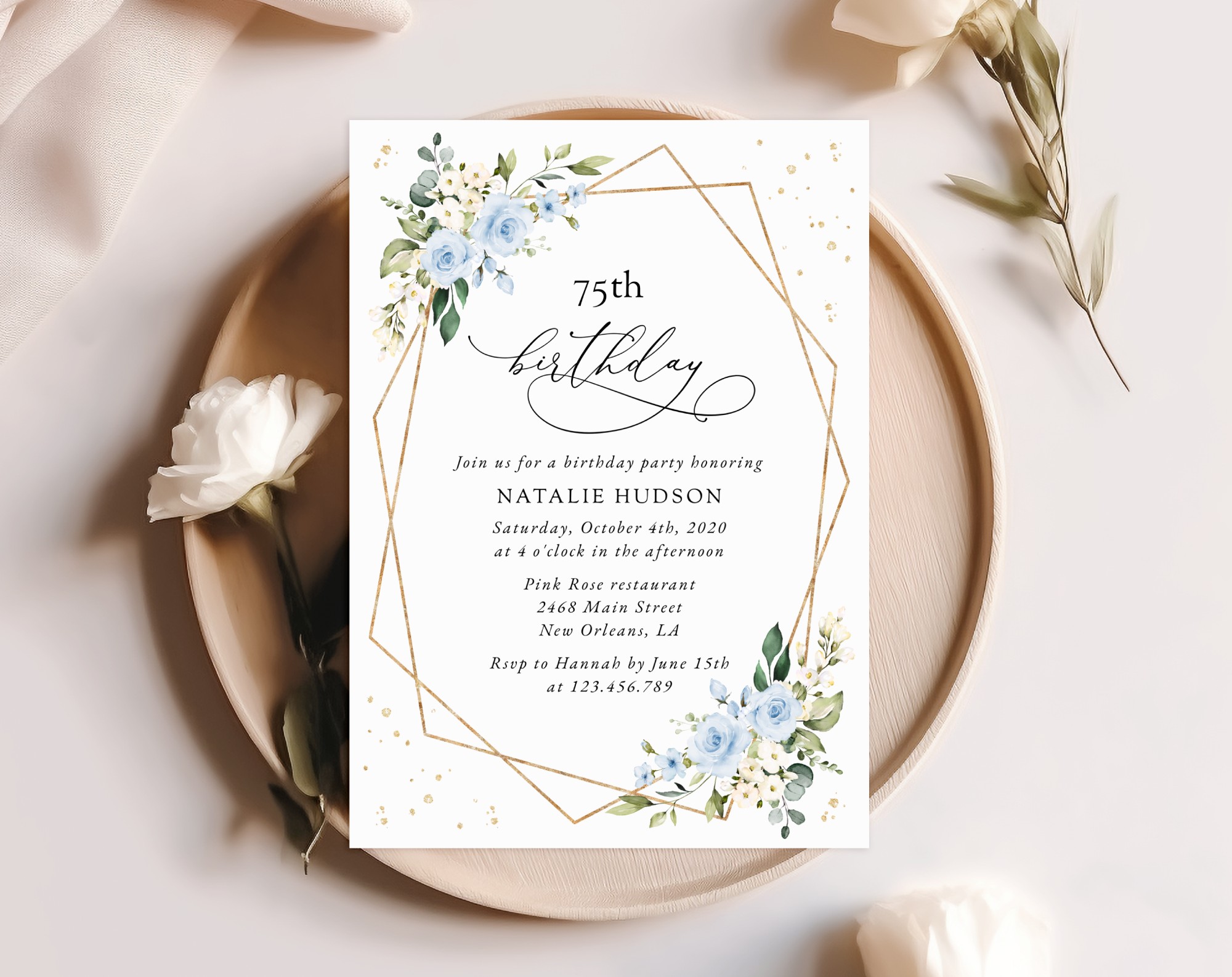 Blue Flowers and Gold Confetti Birthday Invitation, Girl Birthday, Any Birthday, Printable File, Edit Yourself, SH123 Blue Flowers and Gold Confetti Birthday Invitation, Girl Birthday, Any Birthday, Printable File, Edit Yourself, SH123