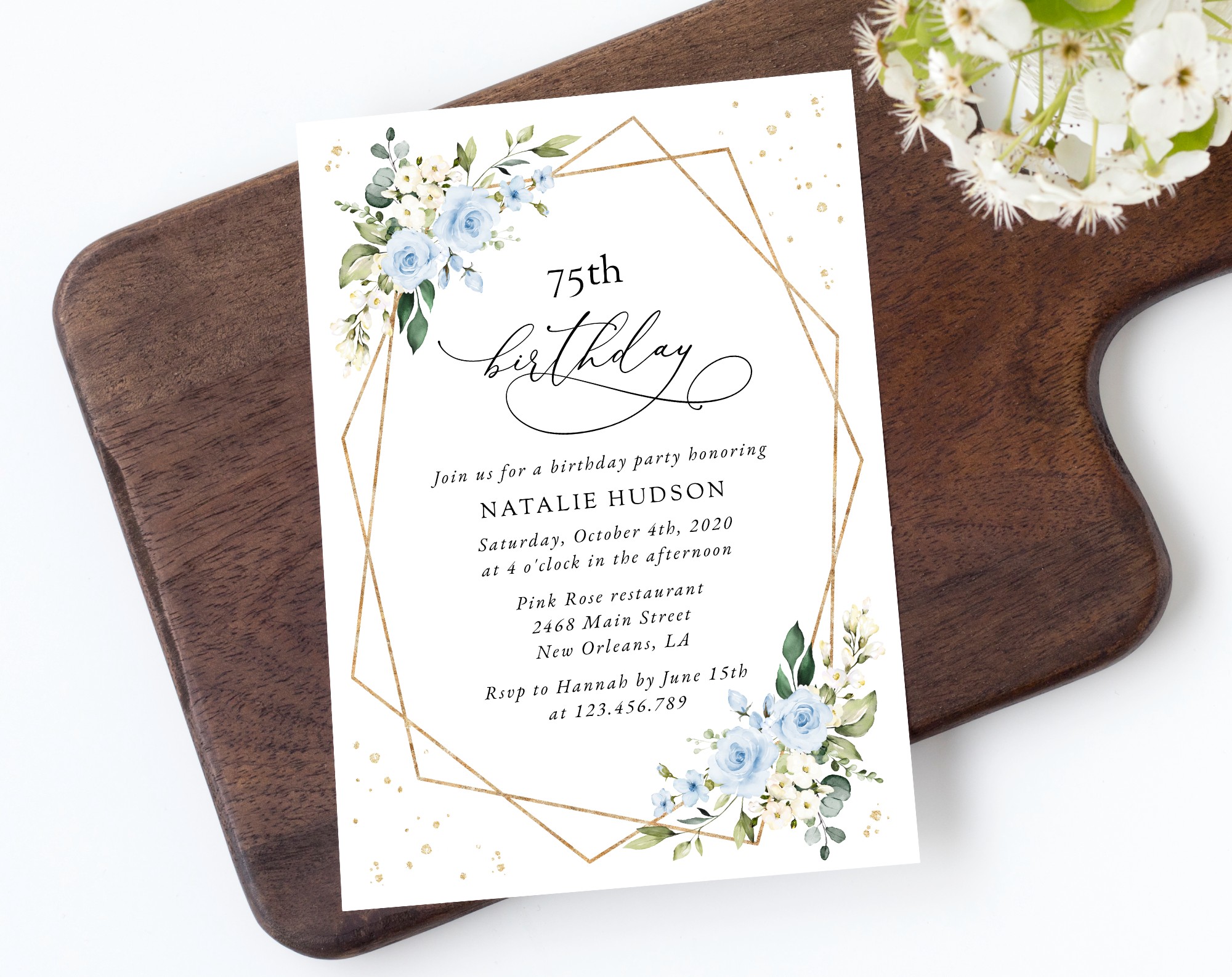 Blue Flowers and Gold Confetti Birthday Invitation, Girl Birthday, Any Birthday, Printable File, Edit Yourself, SH123 Blue Flowers and Gold Confetti Birthday Invitation, Girl Birthday, Any Birthday, Printable File, Edit Yourself, SH123
