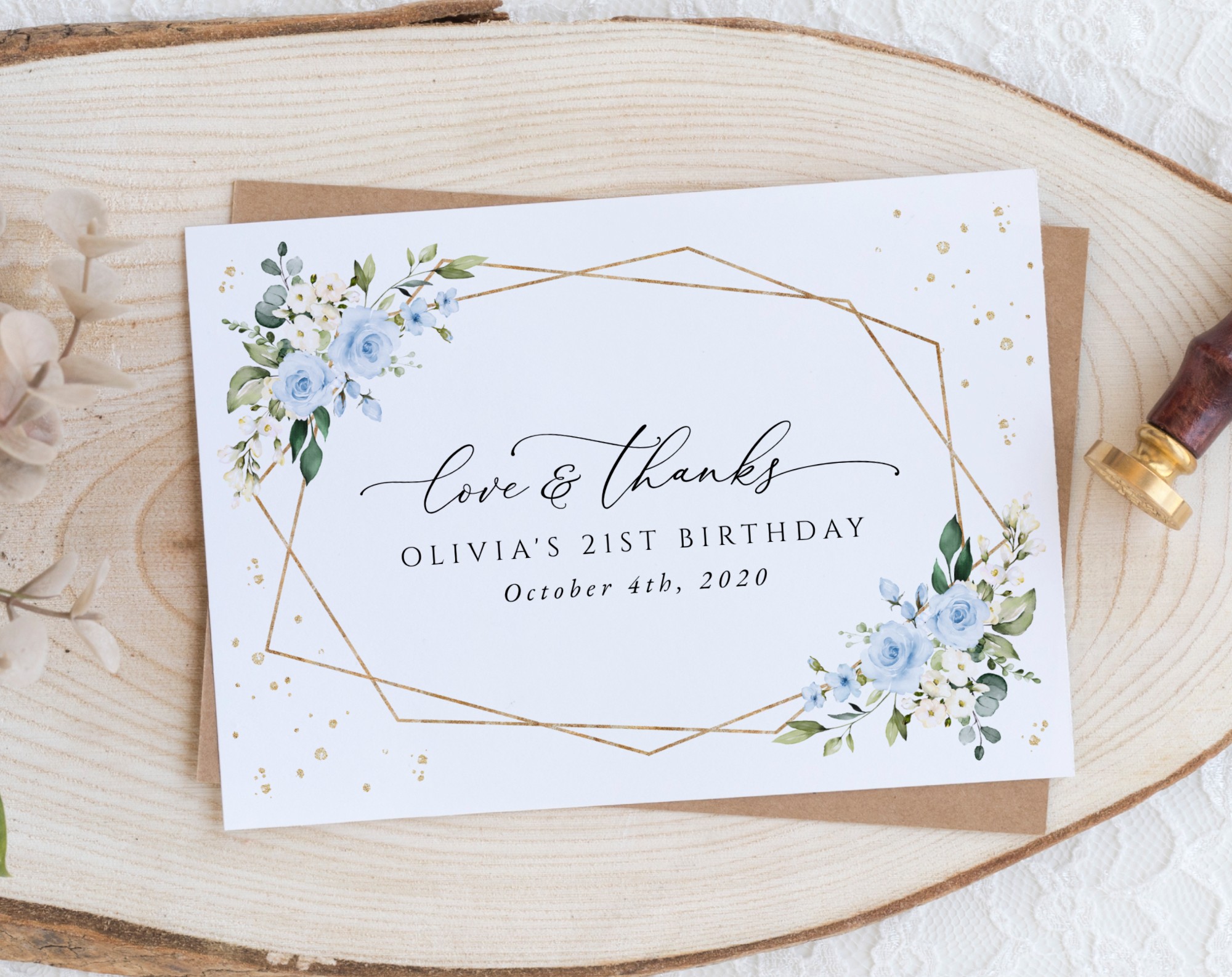 Blue Flowers and Gold Confetti Thank You Card, Girl Birthday, Any Birthday, Printable File, Edit Yourself, SH123