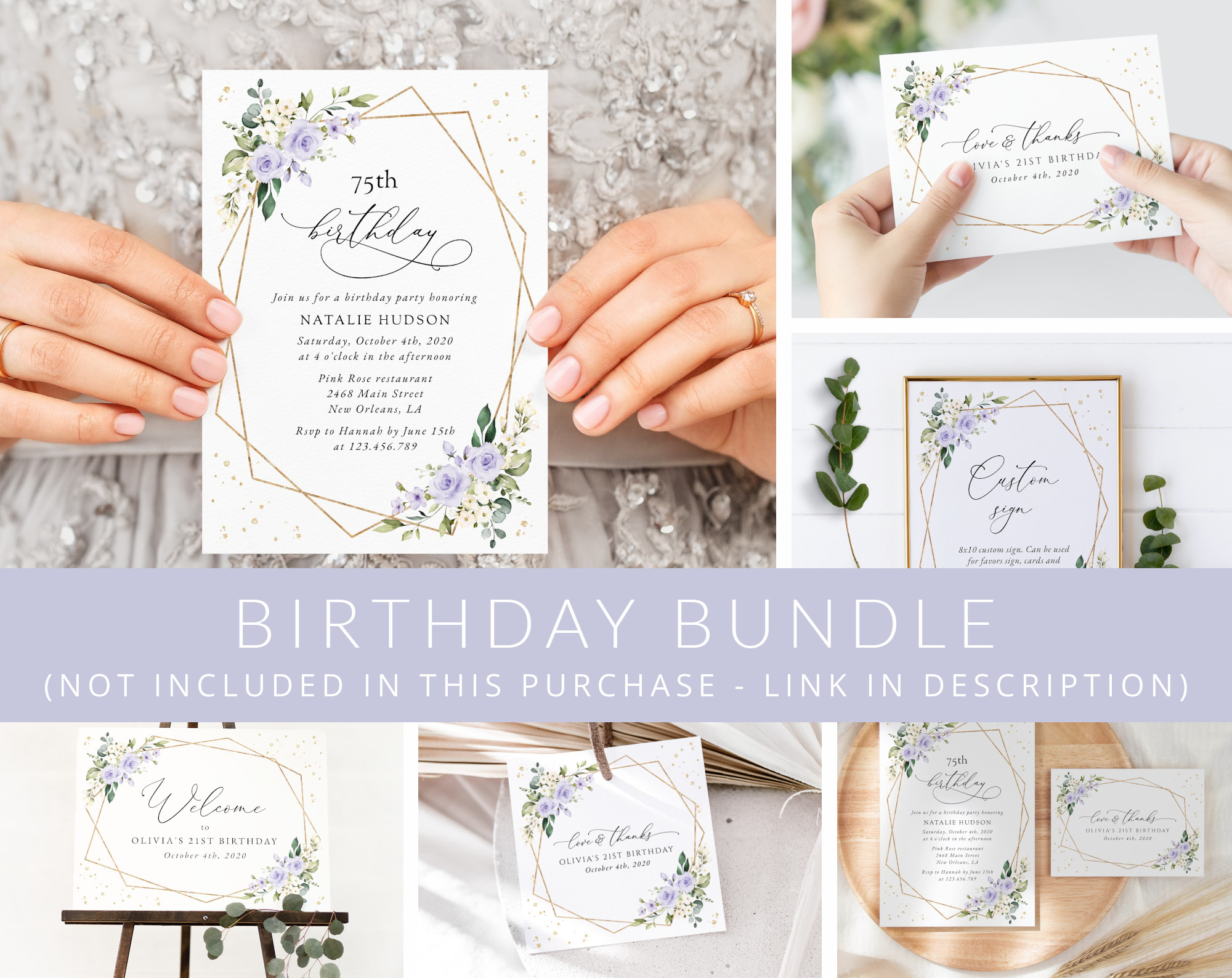 Purple Flowers and Gold Confetti Birthday Mini Bundle, Girl Birthday, Any Birthday, Printable File, Edit Yourself, SH124 Purple Flowers and Gold Confetti Birthday Mini Bundle, Girl Birthday, Any Birthday, Printable File, Edit Yourself, SH124