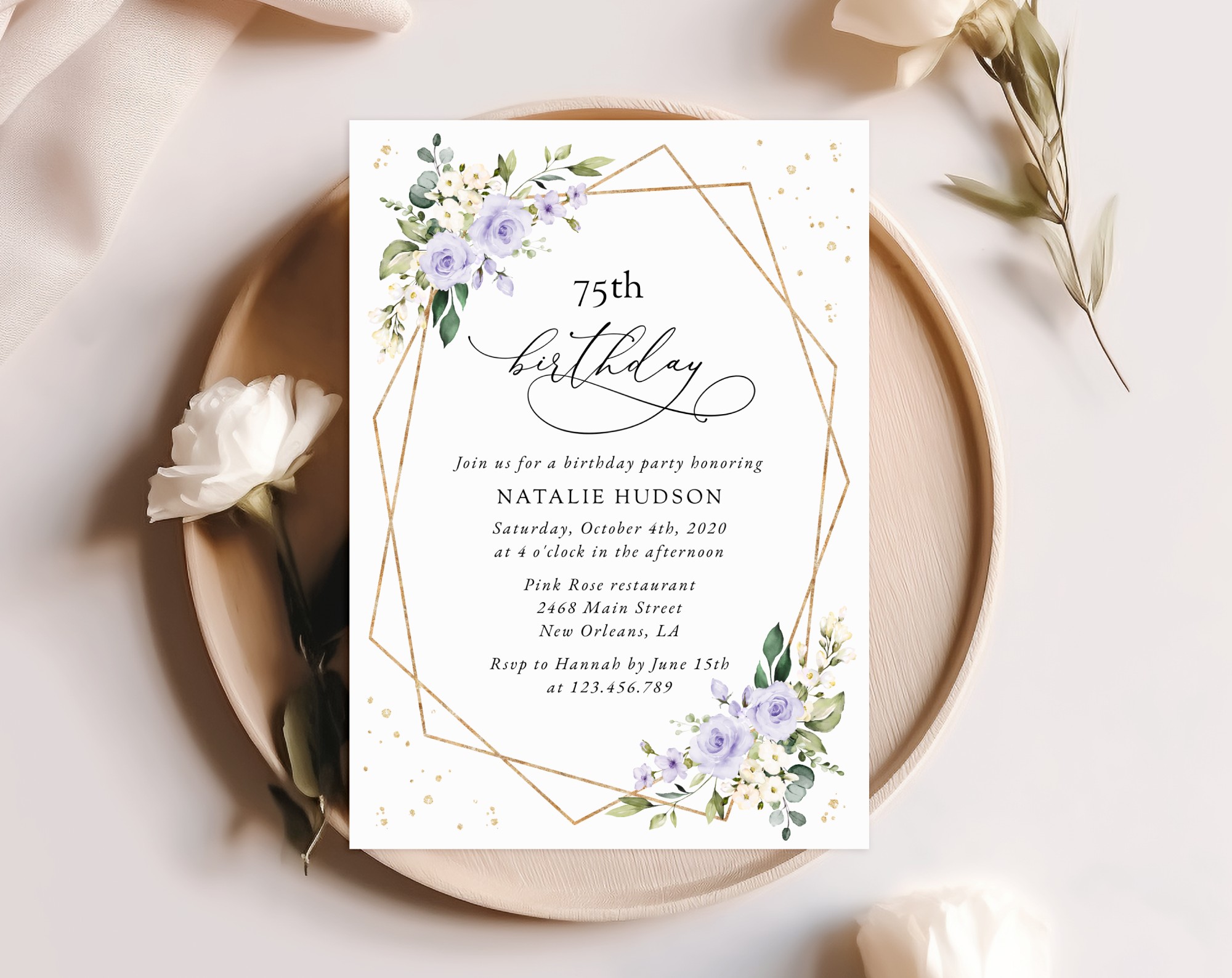 Purple Flowers and Gold Confetti Birthday Invitation, Girl Birthday, Any Birthday, Printable File, Edit Yourself, SH124