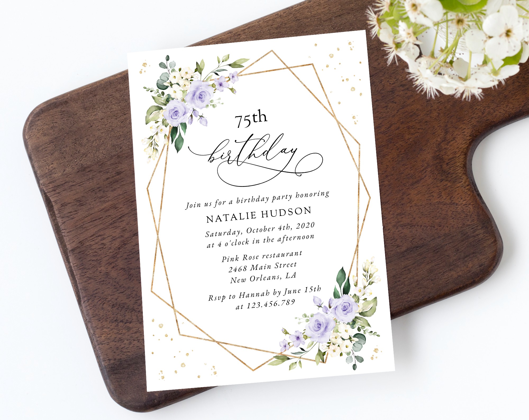 Purple Flowers and Gold Confetti Birthday Invitation, Girl Birthday, Any Birthday, Printable File, Edit Yourself, SH124