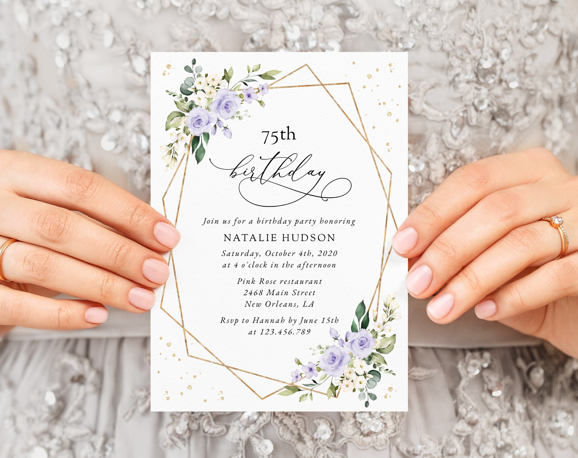 Purple Flowers and Gold Confetti Birthday Invitation, Girl Birthday, Any Birthday, Printable File, Edit Yourself, SH124