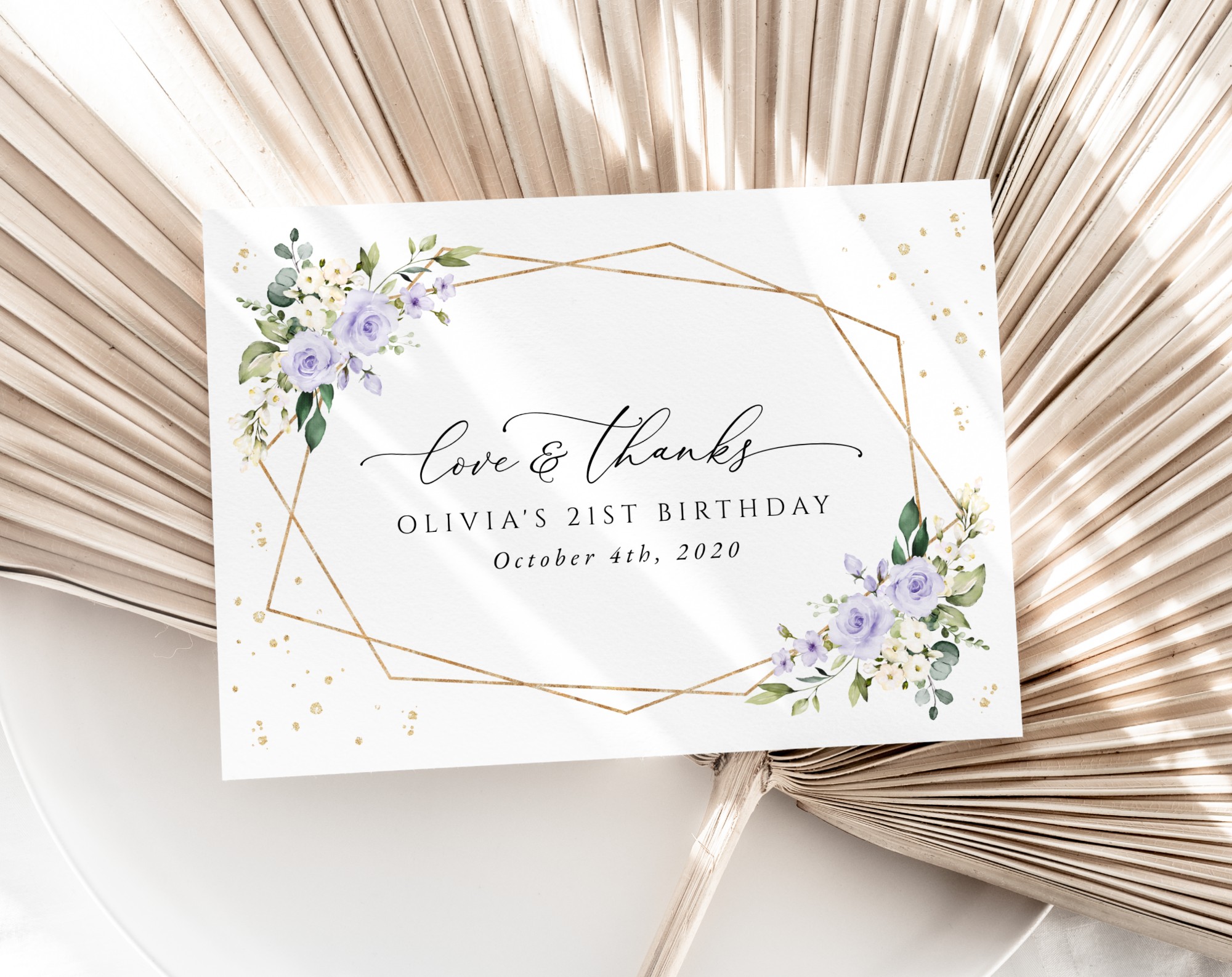 Purple Flowers and Gold Confetti Thank You Card, Girl Birthday, Any Birthday, Printable File, Edit Yourself, SH124