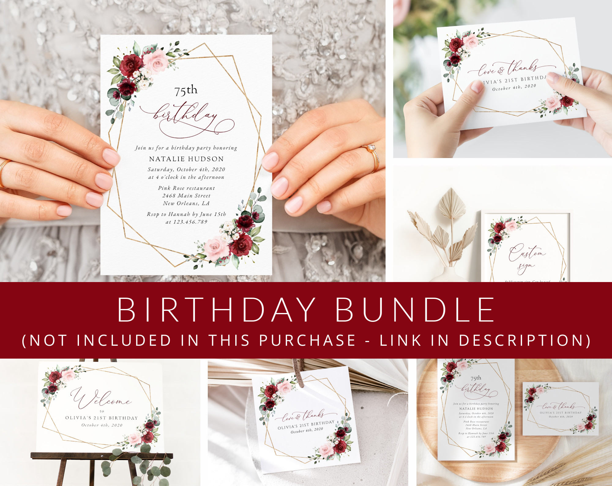 Burgundy and Pink Flowers Birthday Mini Bundle, Girl Birthday, Any Birthday, Printable File, Edit Yourself, SH125