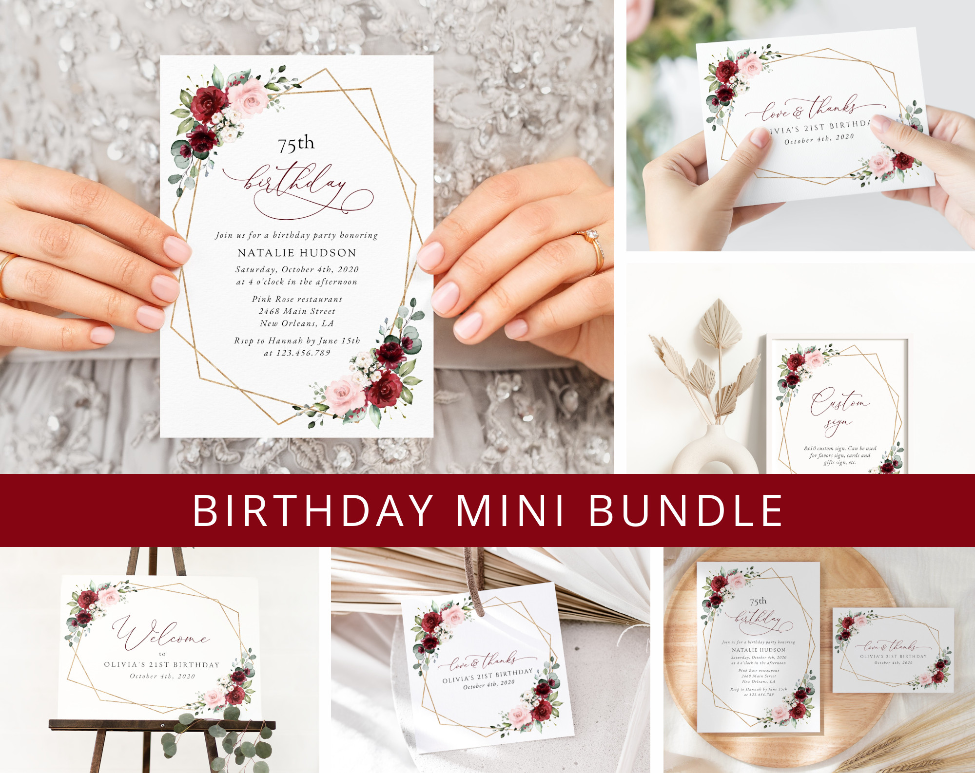 Burgundy and Pink Flowers Birthday Mini Bundle, Girl Birthday, Any Birthday, Printable File, Edit Yourself, SH125