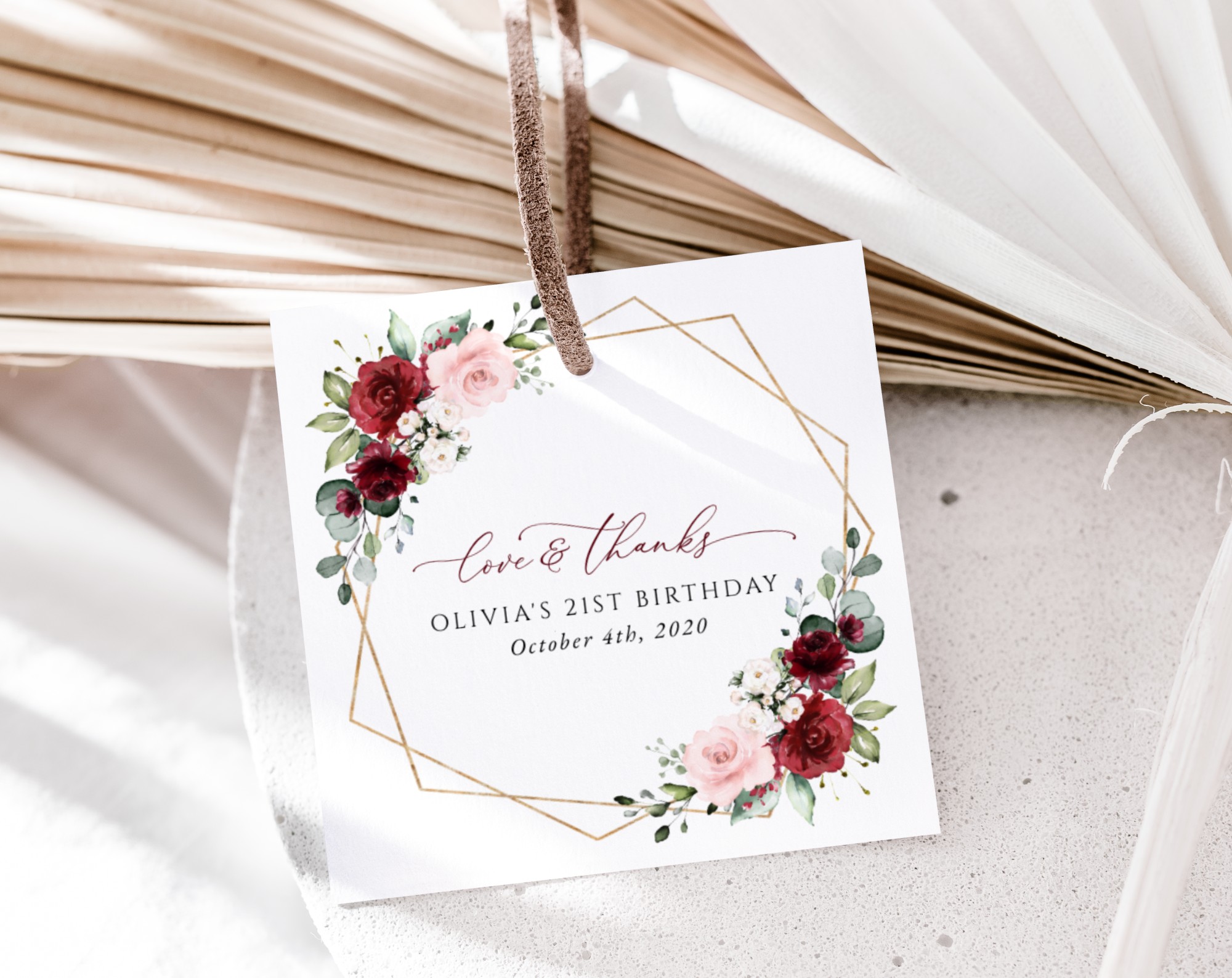 Burgundy and Pink Flowers Favor Tags, Gift Tags, Girl Birthday, Printable File, Edit Yourself, SH125