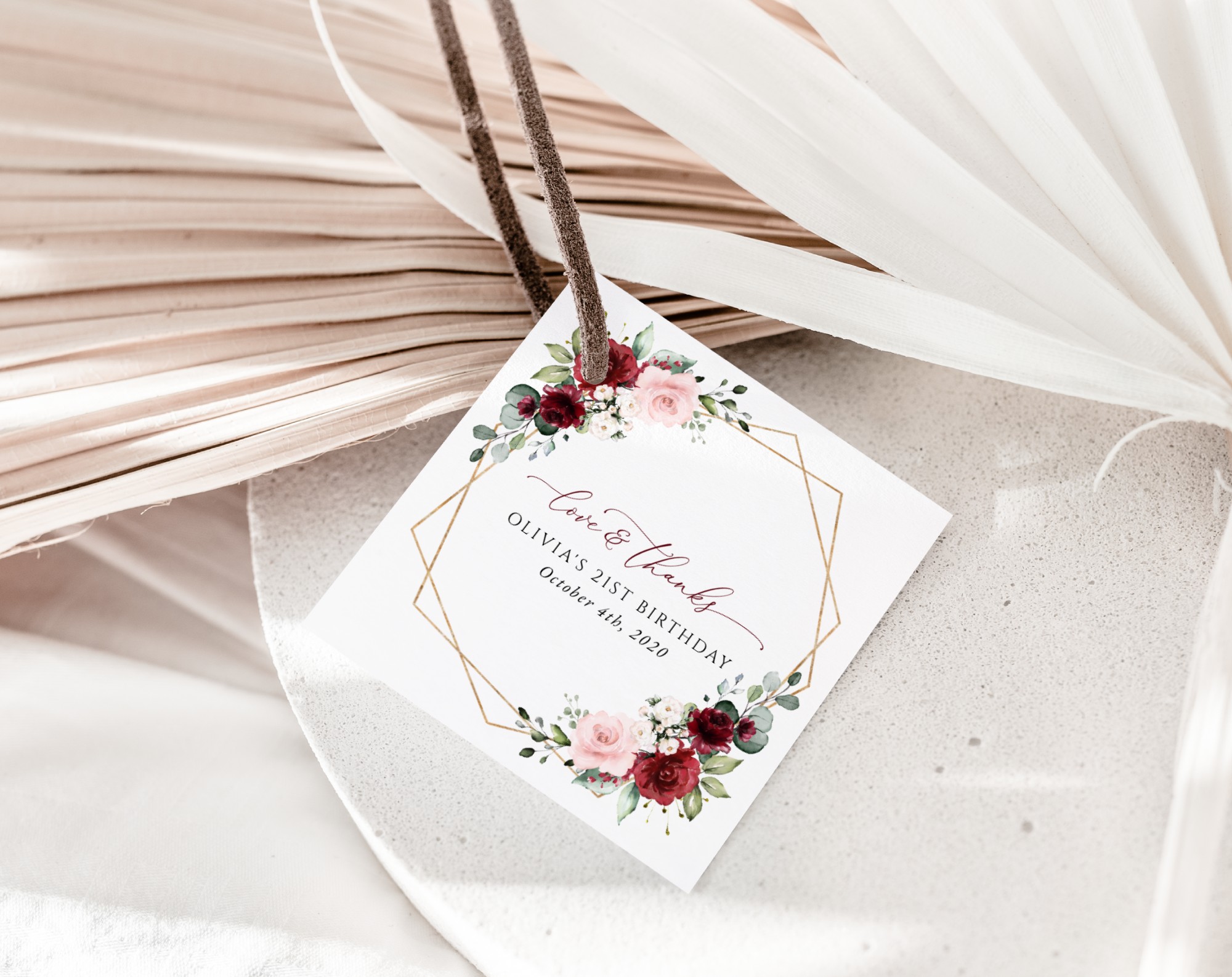 Burgundy and Pink Flowers Favor Tags, Gift Tags, Girl Birthday, Printable File, Edit Yourself, SH125