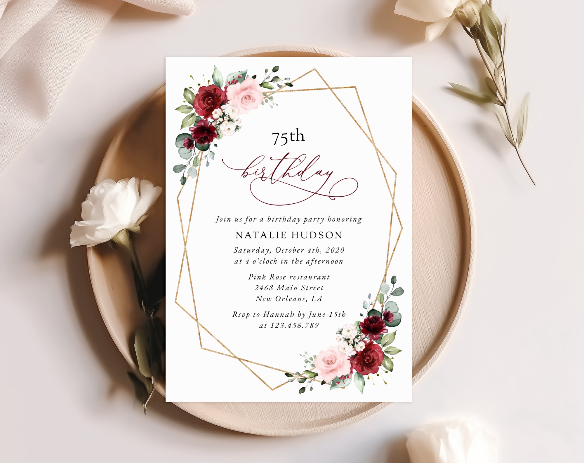 Burgundy and Pink Flowers Birthday Invitation, Girl Birthday, Any Birthday, Printable File, Edit Yourself, SH125