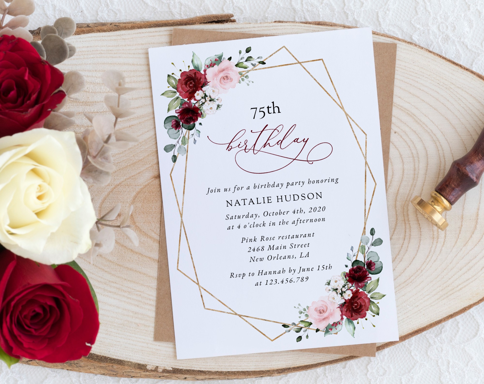 Burgundy and Pink Flowers Birthday Invitation, Girl Birthday, Any Birthday, Printable File, Edit Yourself, SH125