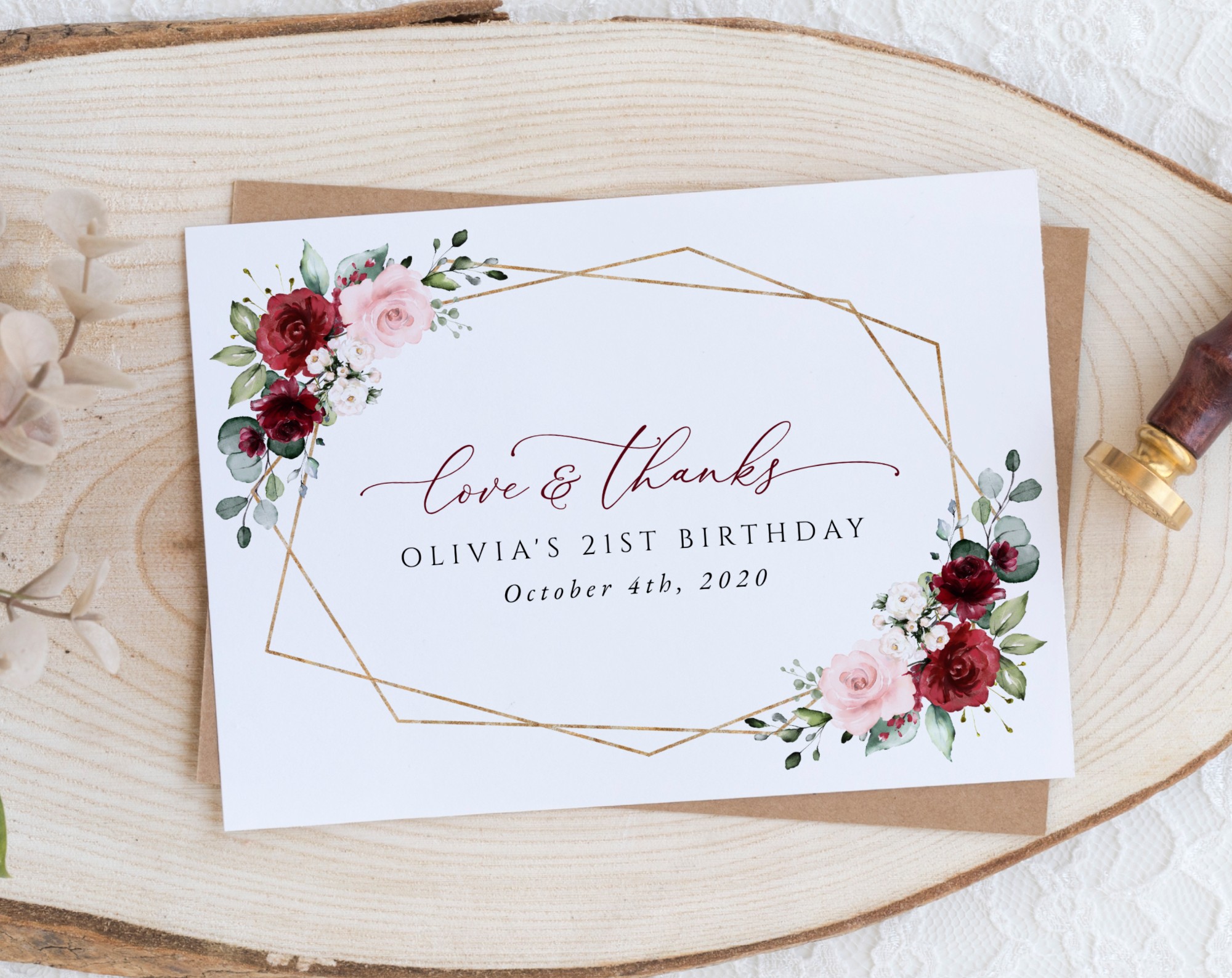 Burgundy and Pink Flowers Thank You Card, Girl Birthday, Printable File, Edit Yourself, SH125