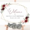 Burgundy and Pink Flowers Welcome Sign, Birthday Sign, Girl Birthday, Printable File, Edit Yourself, SH125