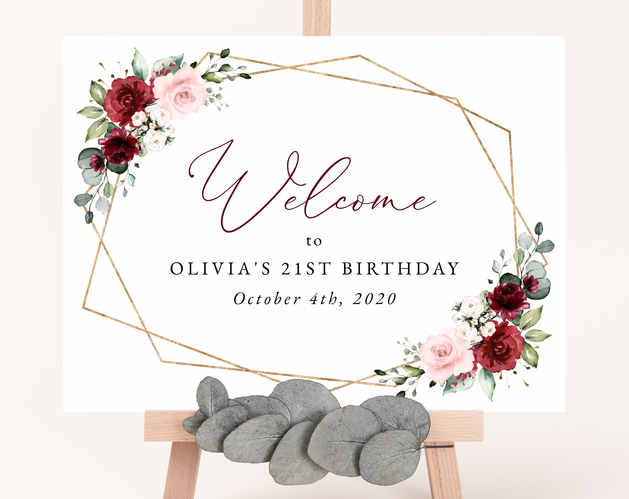 Burgundy and Pink Flowers Welcome Sign, Birthday Sign, Girl Birthday, Printable File, Edit Yourself, SH125