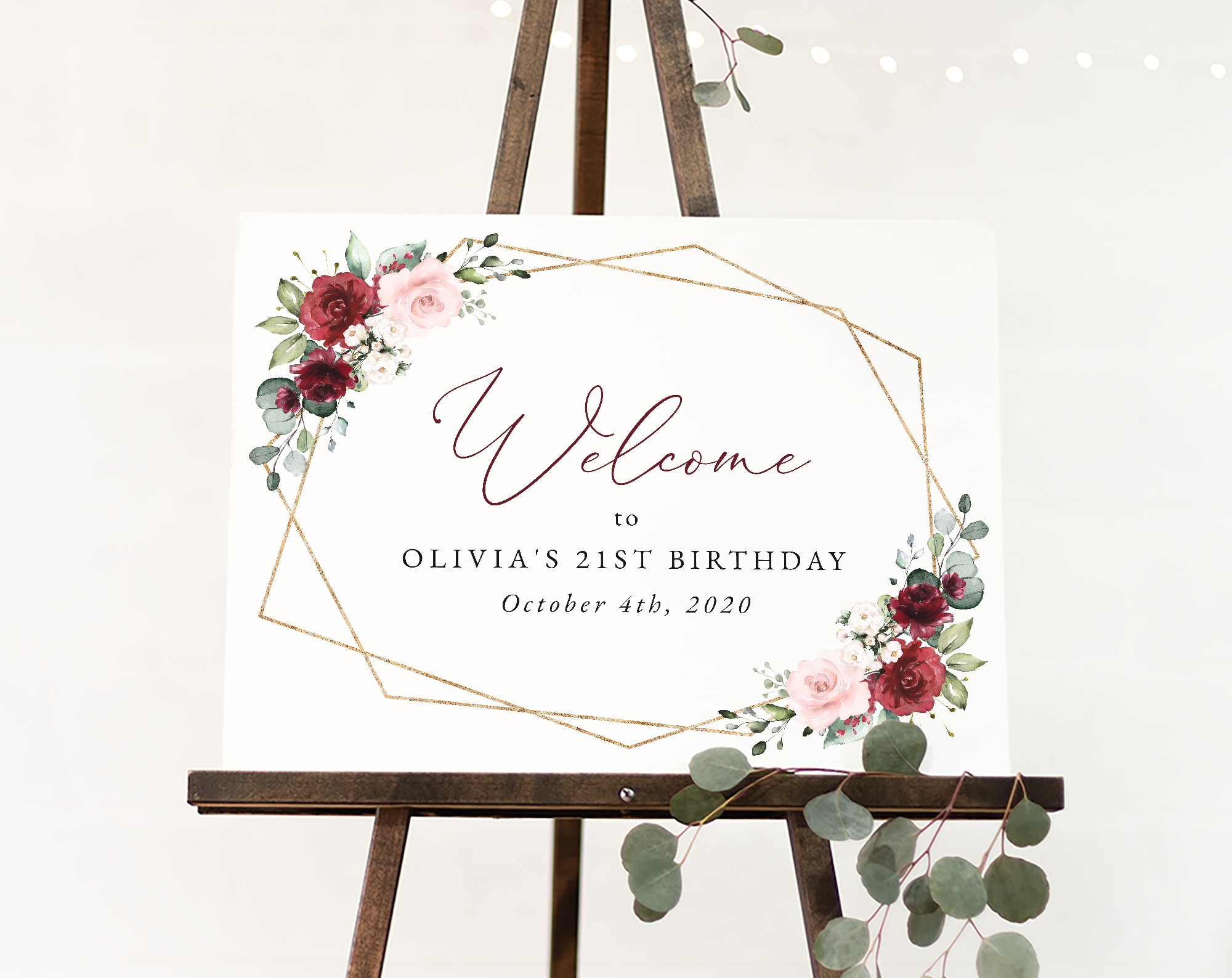 Burgundy and Pink Flowers Welcome Sign, Birthday Sign, Girl Birthday, Printable File, Edit Yourself, SH125
