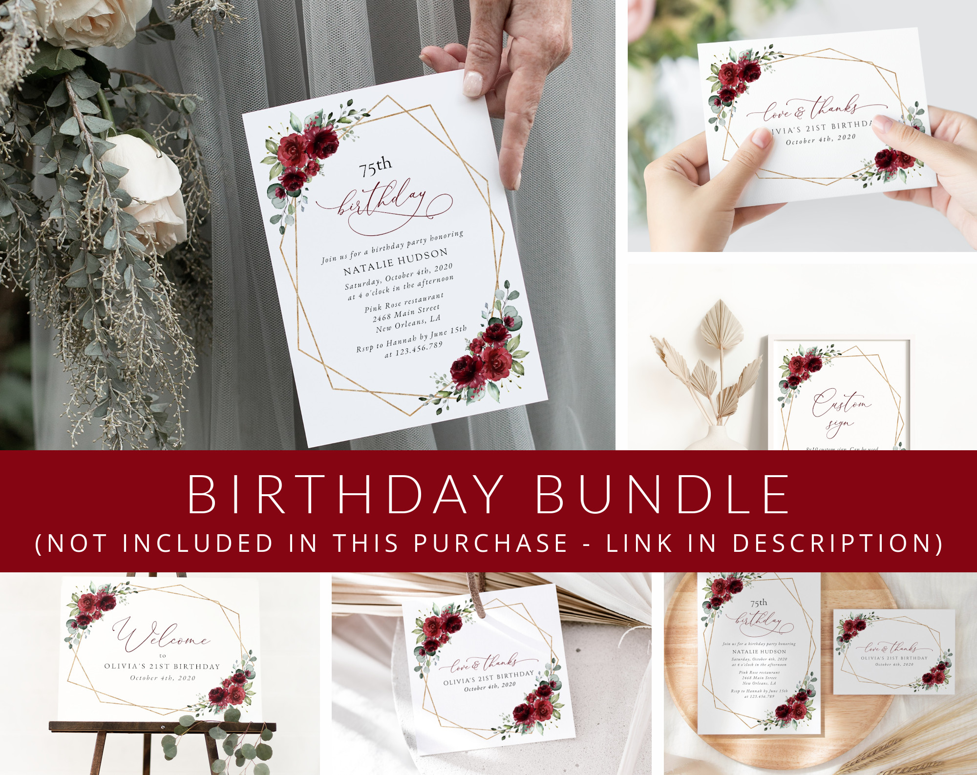 Burgundy Red Flowers Birthday Mini Bundle, Girl Birthday, Any Birthday, Printable File, Edit Yourself, SH126
