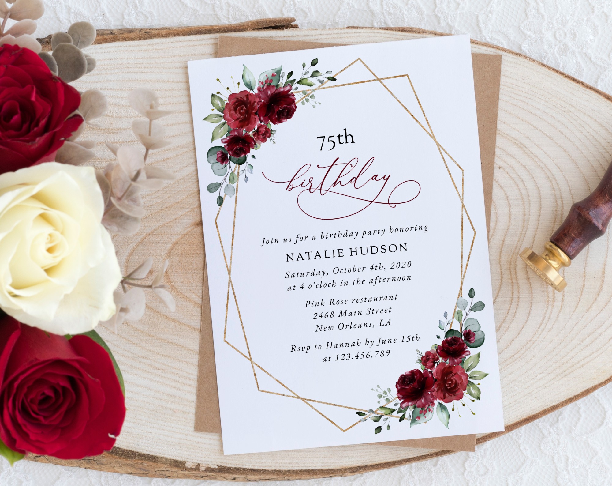 Burgundy Red Flowers Birthday Invitation, Girl Birthday, Any Birthday, Printable File, Edit Yourself, SH126