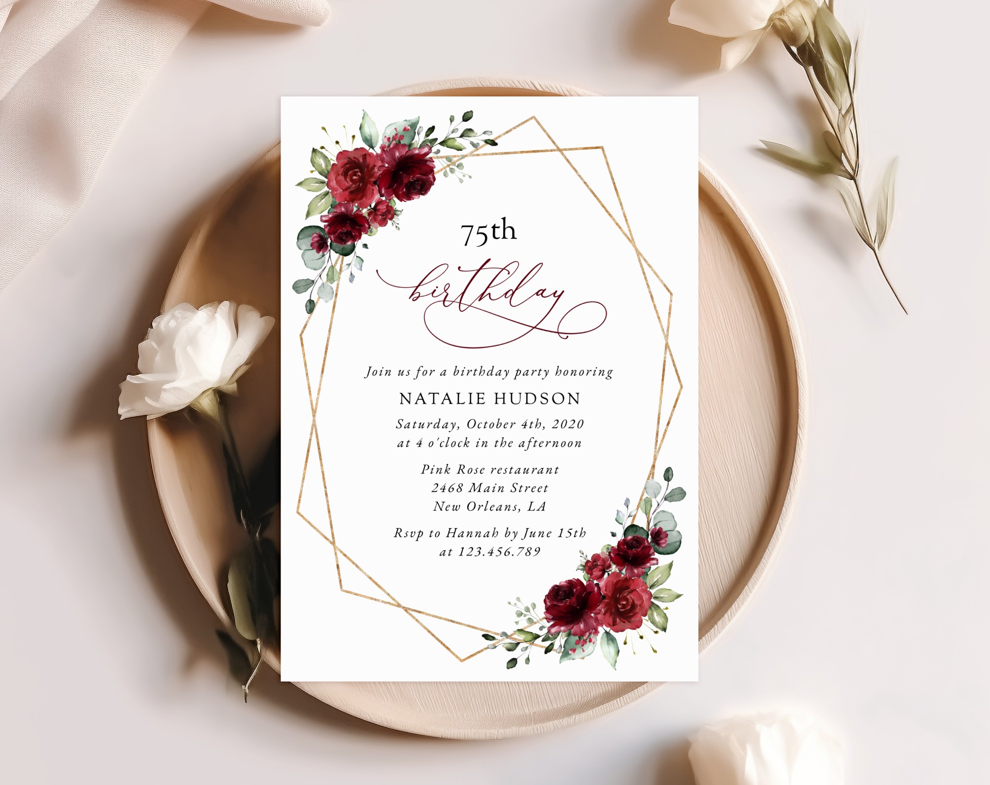 Burgundy Red Flowers Birthday Invitation, Girl Birthday, Any Birthday, Printable File, Edit Yourself, SH126