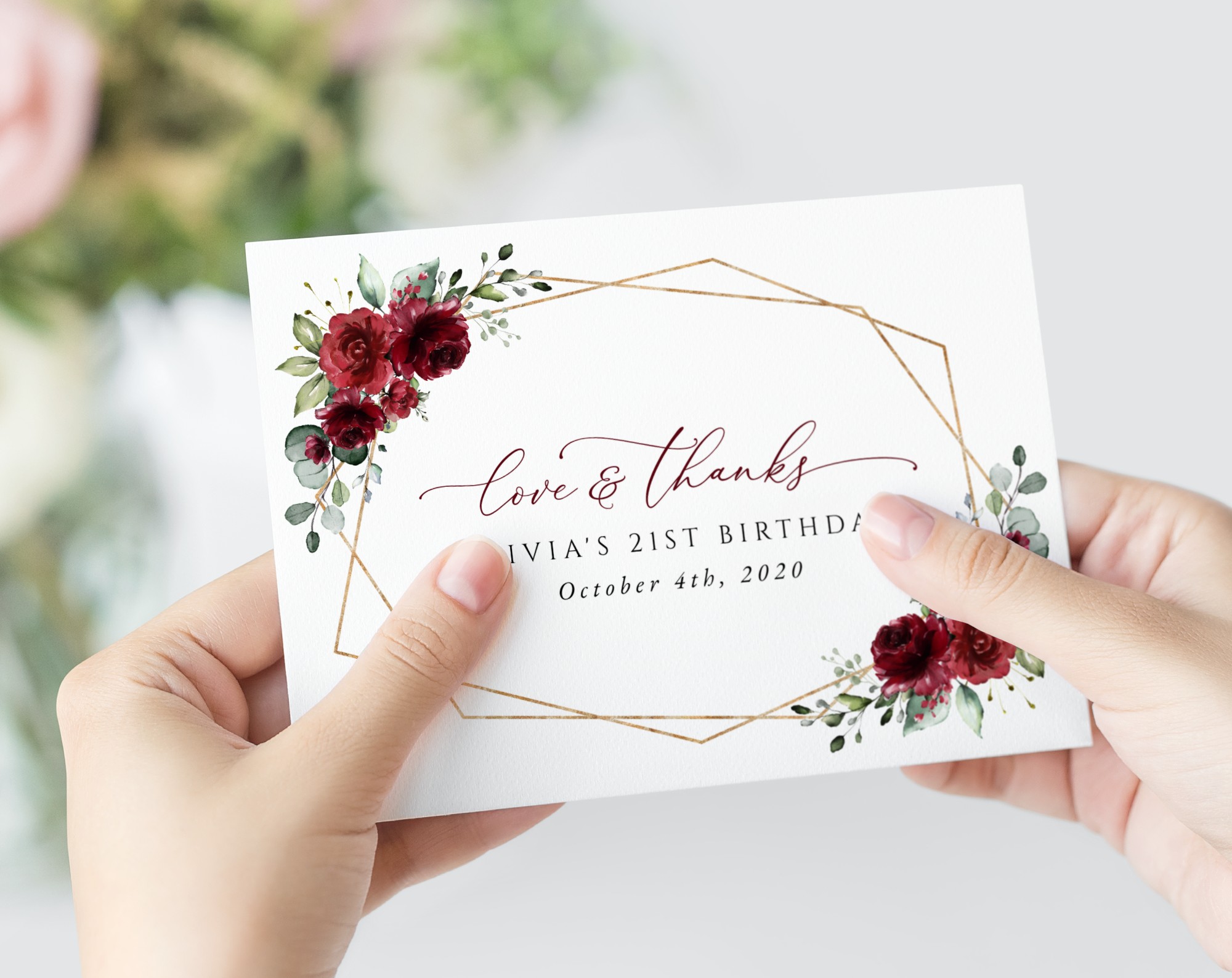 Burgundy Red Flowers Thank You Card, Girl Birthday, Printable File, Edit Yourself, SH126 Burgundy Red Flowers Thank You Card, Girl Birthday, Printable File, Edit Yourself, SH126