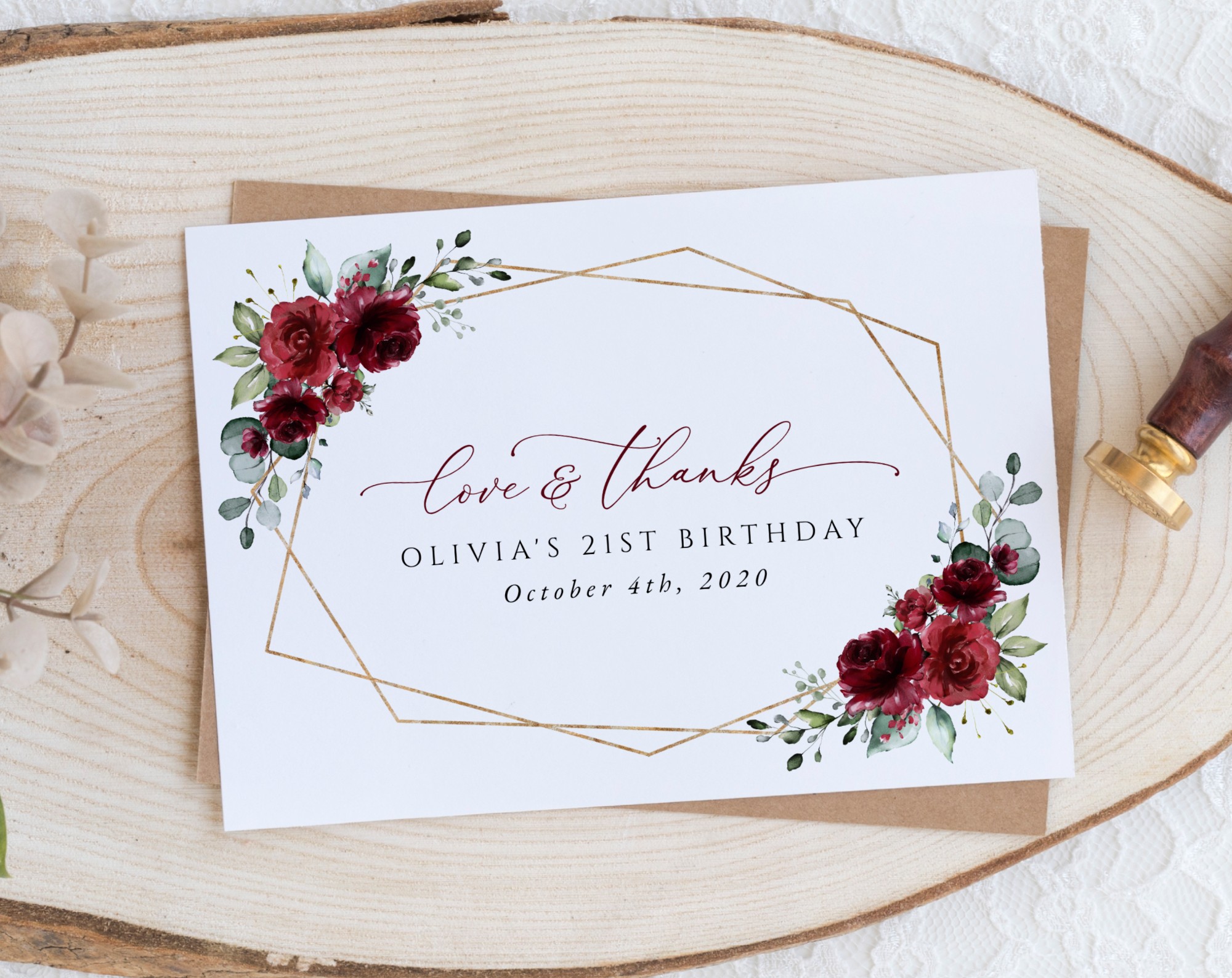 Burgundy Red Flowers Thank You Card, Girl Birthday, Printable File, Edit Yourself, SH126