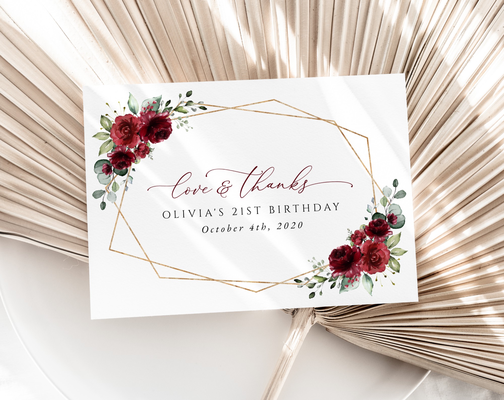 Burgundy Red Flowers Thank You Card, Girl Birthday, Printable File, Edit Yourself, SH126