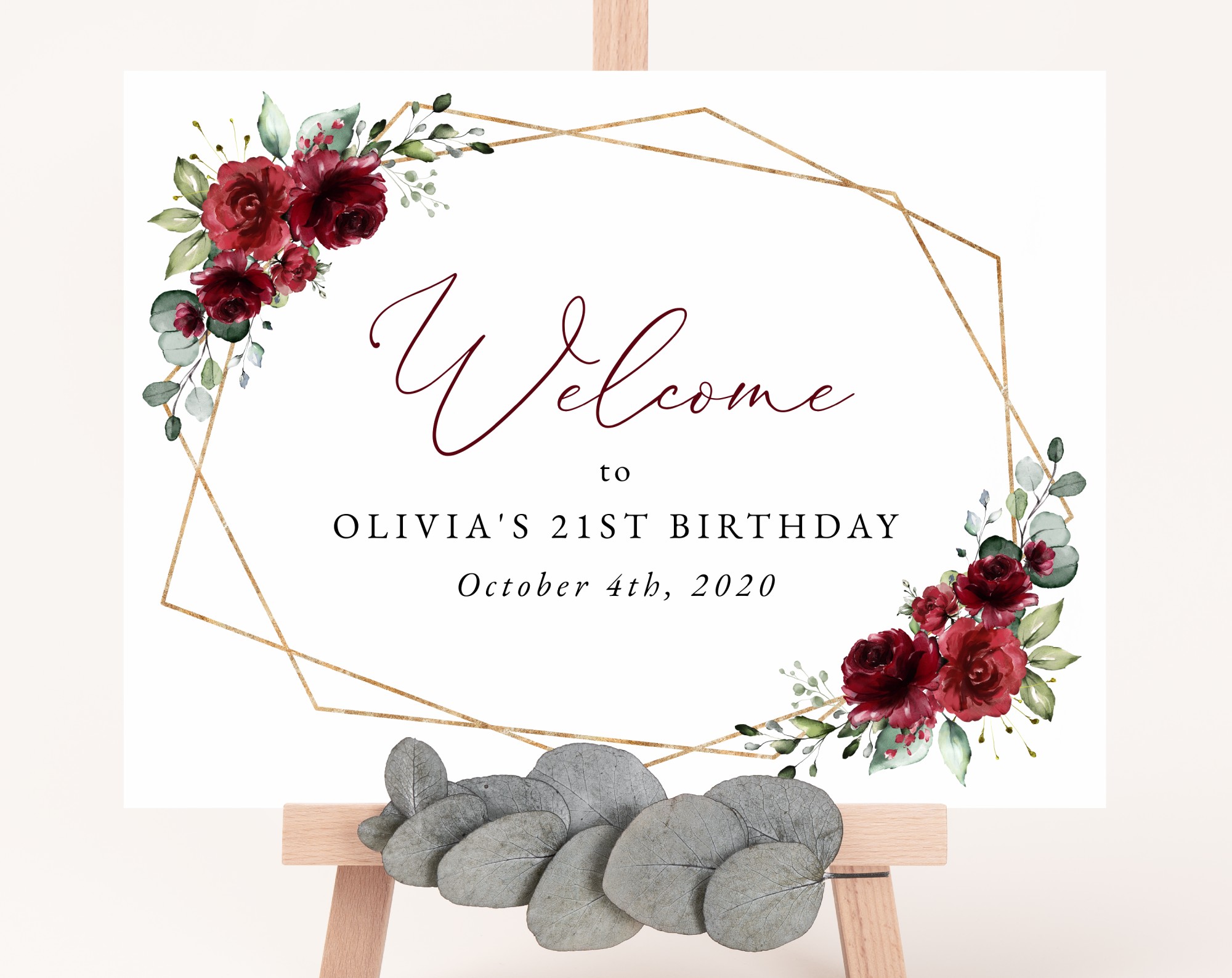 Burgundy Red Flowers Welcome Sign, Birthday Sign, Girl Birthday, Printable File, Edit Yourself, SH126