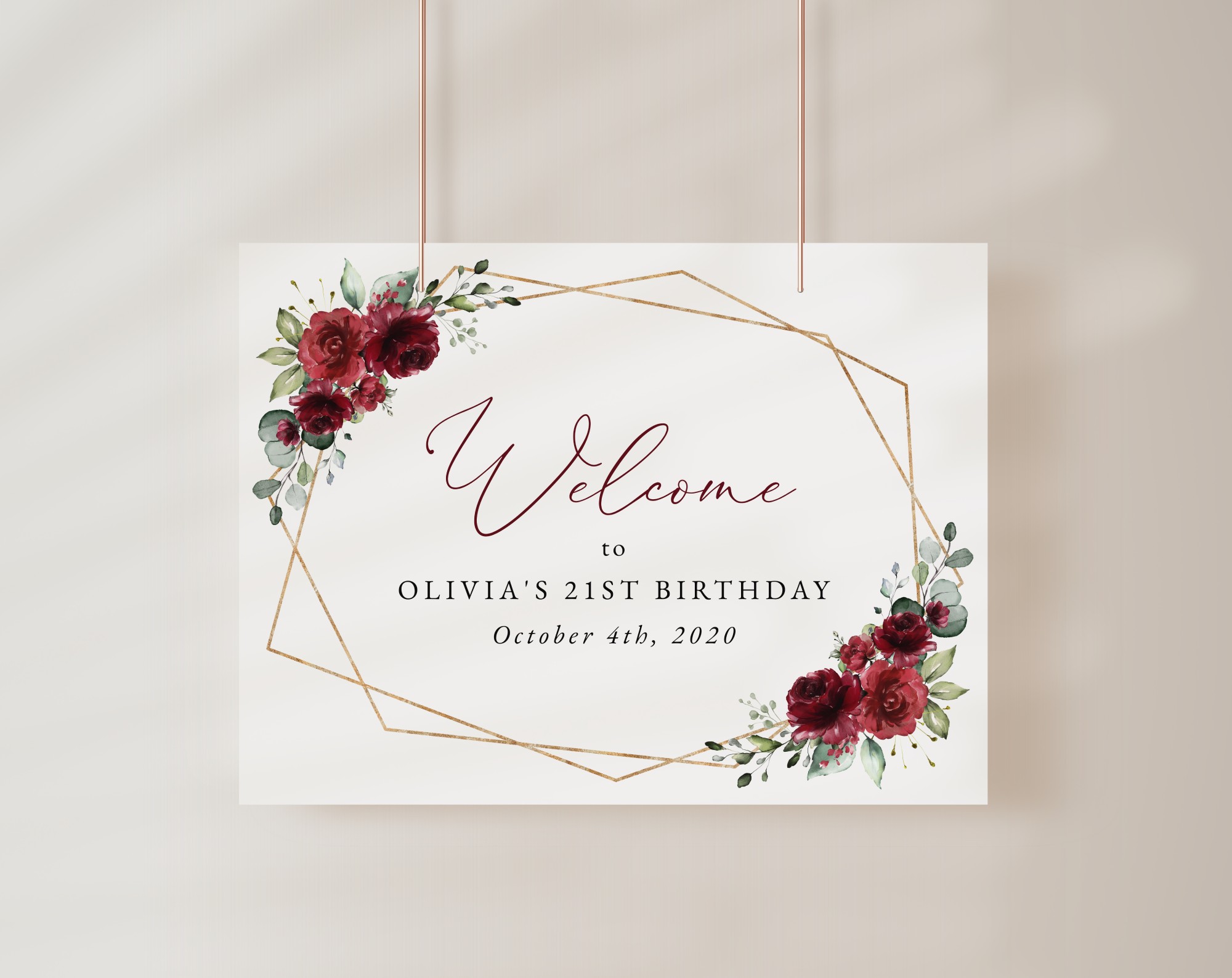 Burgundy Red Flowers Welcome Sign, Birthday Sign, Girl Birthday, Printable File, Edit Yourself, SH126